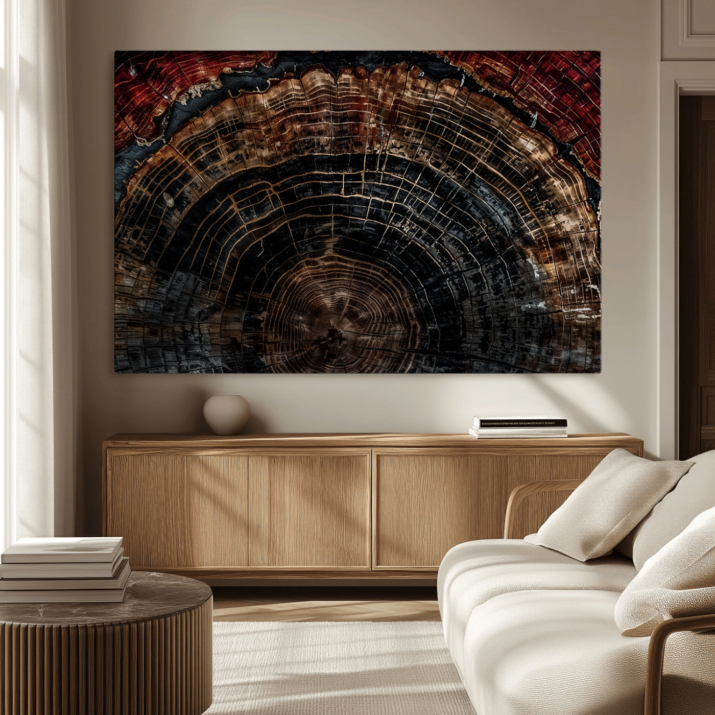 MGV-CV-36X24 - Dark Wood Ring Wall Art Canvas Print, Framed Abstract Wood Tree Art Picture Print, Rustic Tree Slice Perfect Rustic Decor Artwork