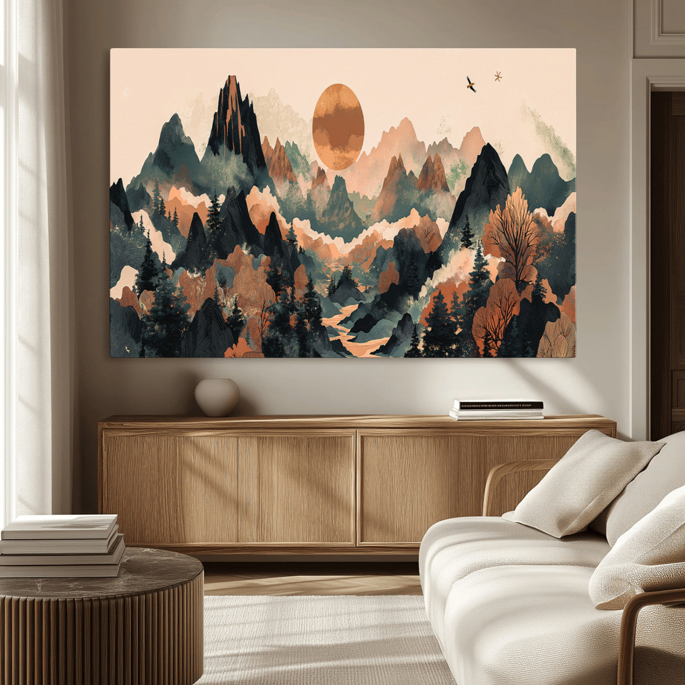 MGV-CV-36X24 - Wood Mountain Landscape Wall Art Canvas Print, Framed Sunset Hills Art Picture Print, Abstract Nature Perfect Boho Decor Artwork