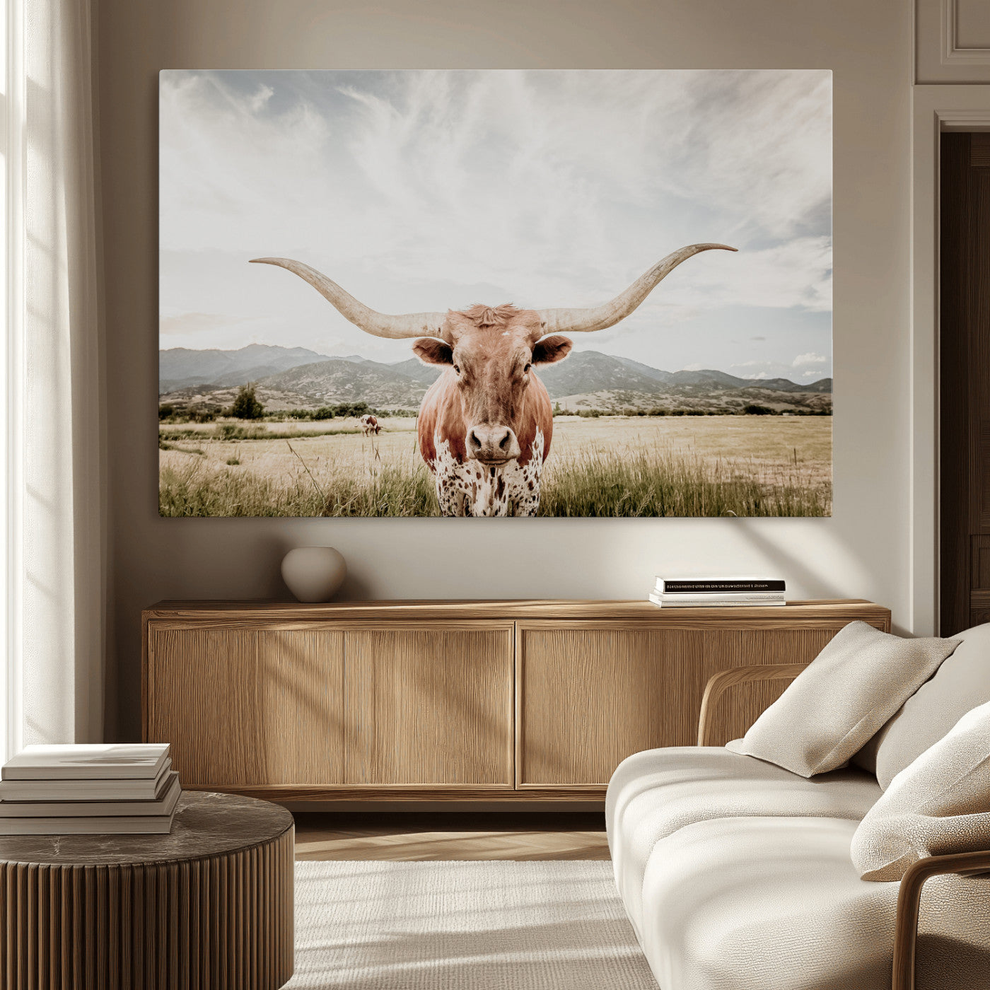 MGV-CV-36X24 - Texas Longhorn Wall Art Canvas Print, Framed Western Cow Art Picture Print, Rustic Farmhouse Perfect Farmhouse Decor Artwork