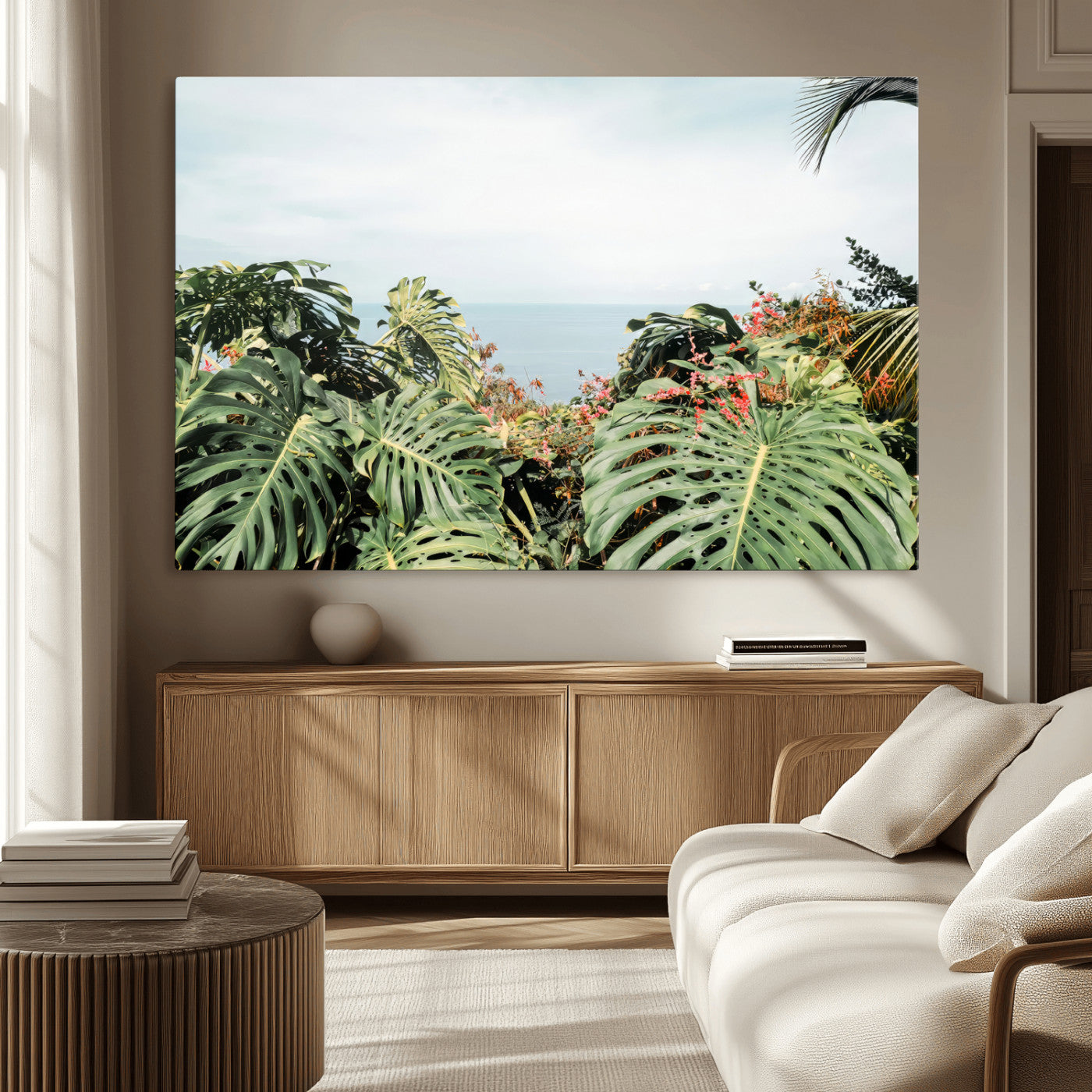 45700479-MGV-CV-36X24 - Tropical Greenery Wall Art – Exotic Leaves & Ocean View Canvas Print, Sunlit Paradise and Vibrant Nature for Living Room or Coastal Decor