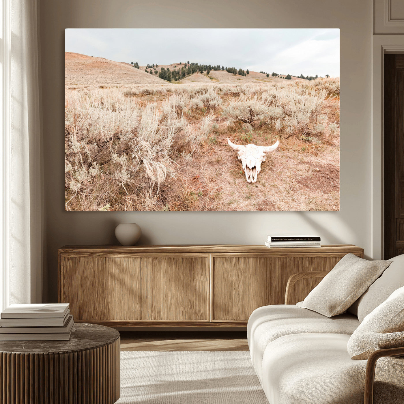 97234735-MGV-CV-36X24 - Desert Skull Wall Art – Arid Landscape & Sagebrush Canvas Print, Rustic Nature and Earth Tones for Living Room or Minimalist Decor