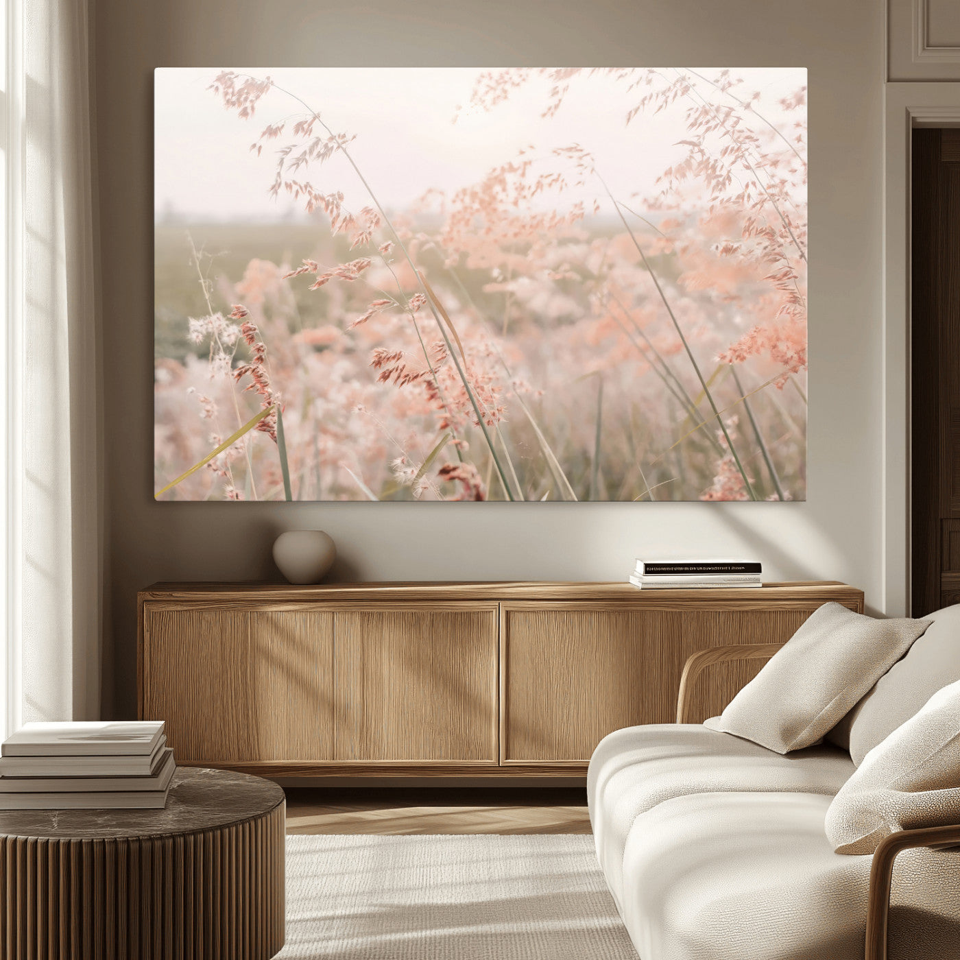 MGV-CV-36X24 - Pastel Grasses Wall Art Canvas Print, Framed Soft Meadow Art Picture Print, Field in Breeze Perfect Soft Pastel Minimal Decor Artwork