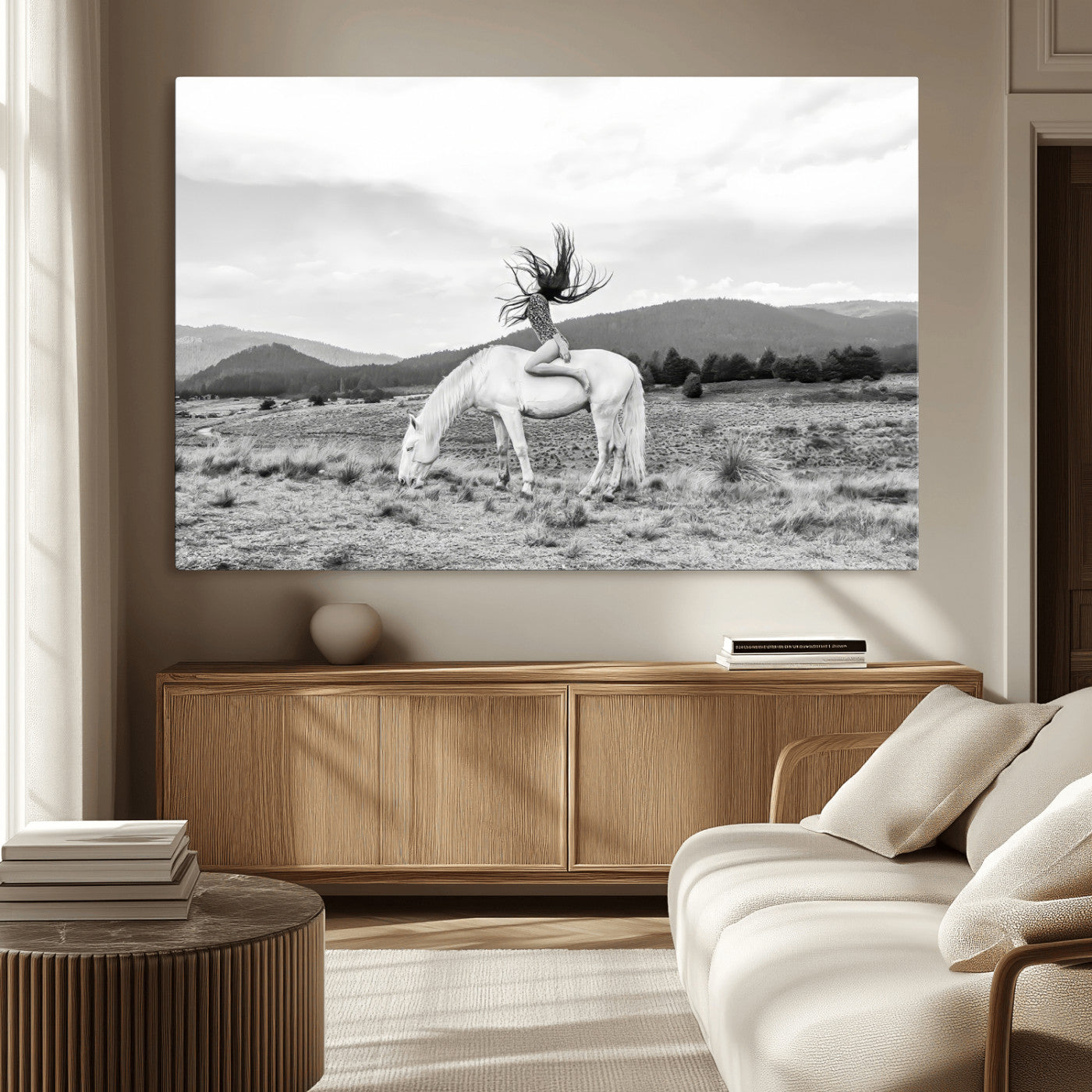 MGV-CV-36X24 - White Horse Wall Art Canvas Print, Framed Woman Rider Art Picture Print, Equestrian Pose Perfect Western Boho Decor Artwork