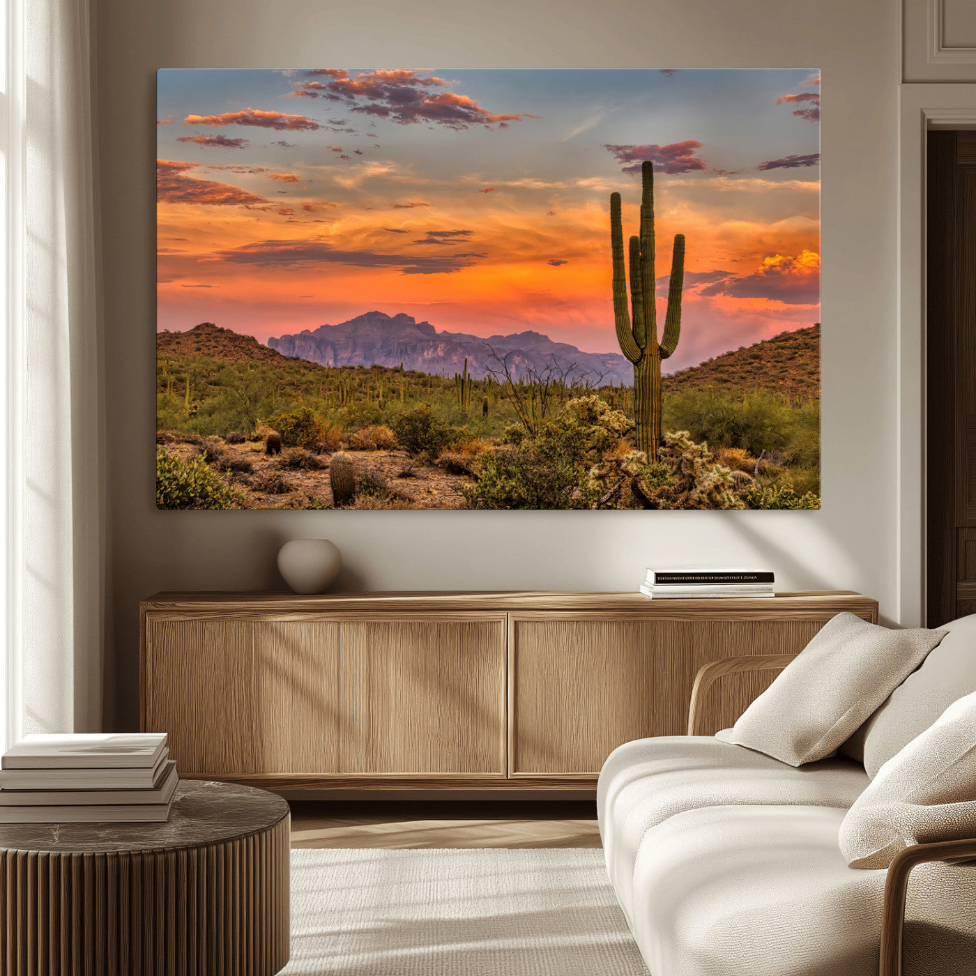 MGV-CV-36X24 - Saguaro Cactus Wall Art Canvas Print, Framed Arizona Sunset Art Picture Print, Sonoran Desert Perfect Southwestern Boho Decor Artwork