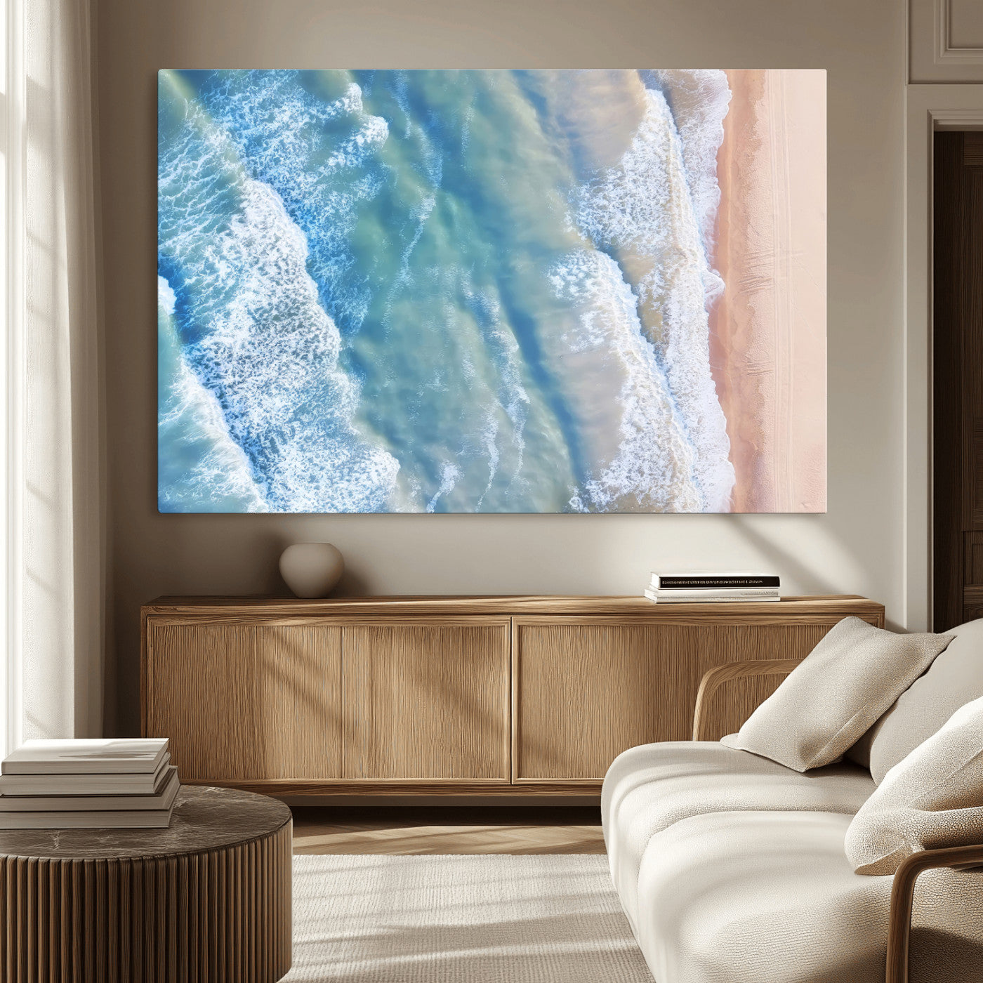 MGV-CV-36X24 - Aerial Ocean View Wall Art Canvas Print, Framed Soft Blue Waves Art Picture Print, Sandy Shoreline Perfect Modern Coastal Decor Artwork