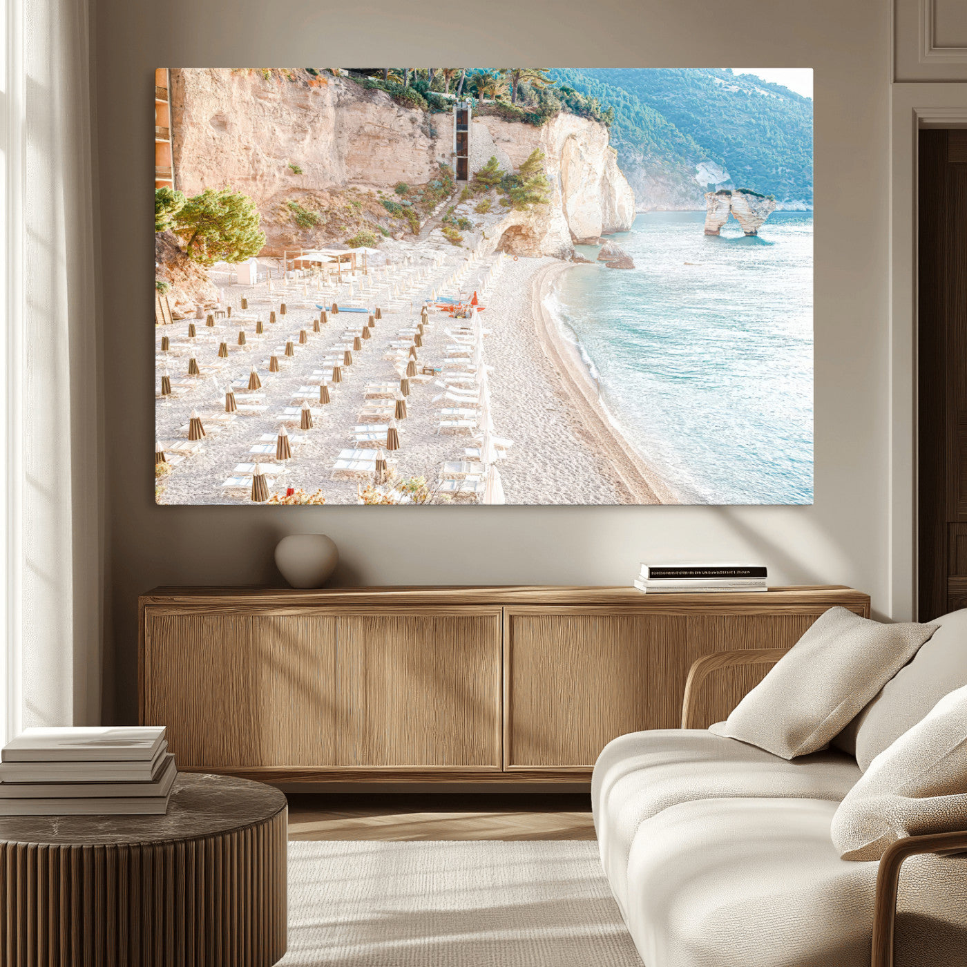 84816639-MGV-CV-36X24 - Sunny Beach Wall Art – Chairs & Umbrellas Canvas Print, Clear Water, Rocky Cliffs, Coastal Calm for Living Room or Vacation Home Decor