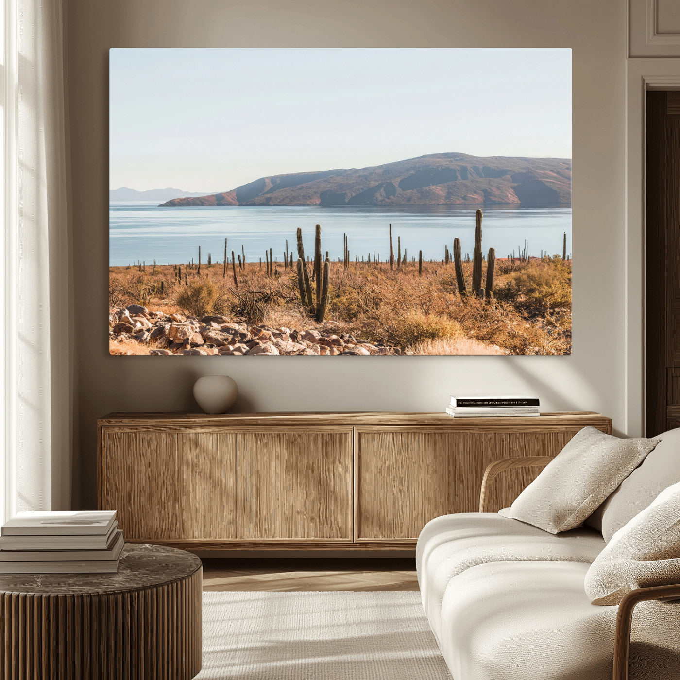 MGV-CV-36X24 - Desert Cactus Wall Art Canvas Print, Framed Baja Coastline Art Picture Print, Coastal Desert Perfect Southwestern Minimalist Decor Artwork