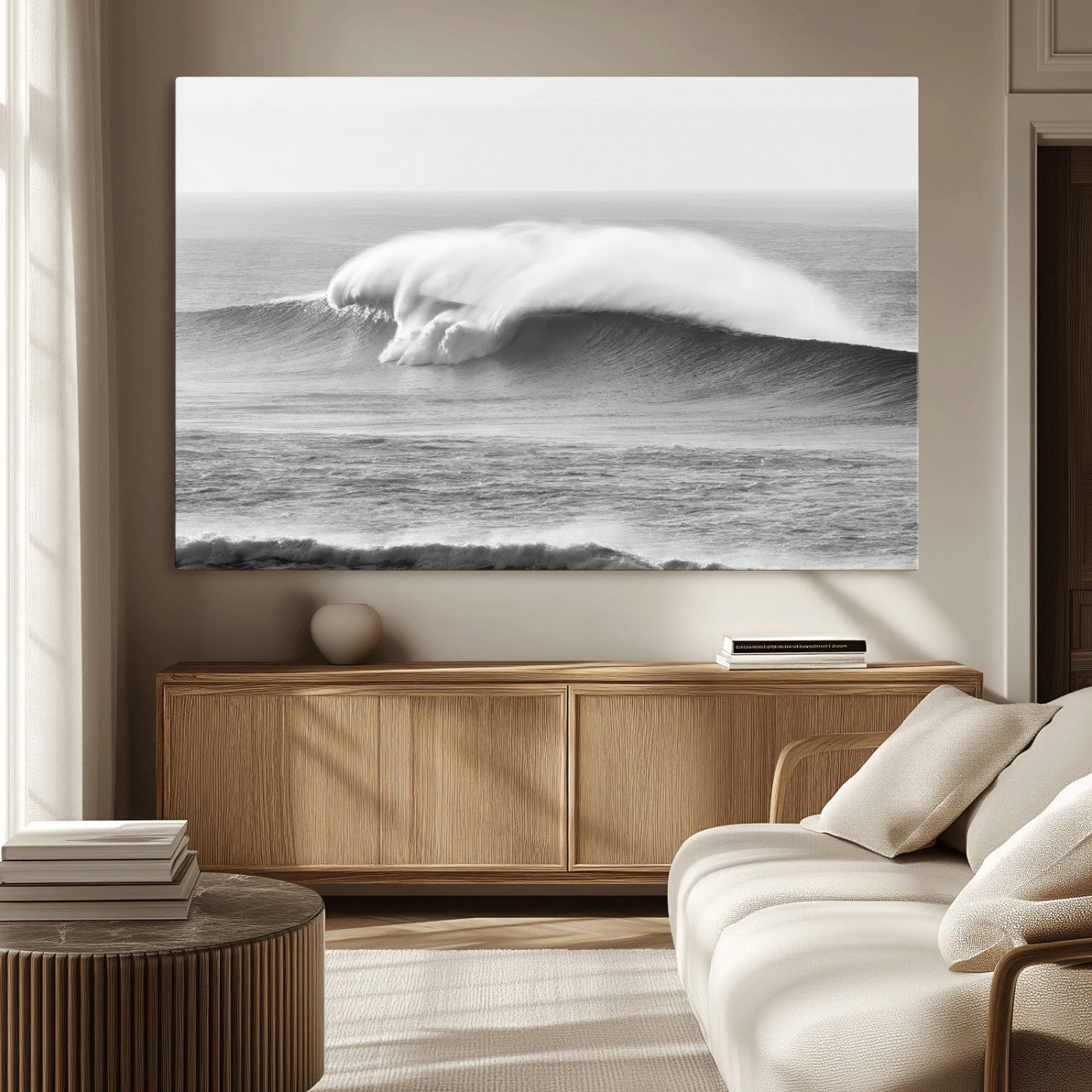 MGV-CV-36X24 - Monochrome Seascape Wall Art Canvas Print, Framed Surf Wave Art Picture Print, Minimalist Ocean Perfect Moody Coastal Decor Artwork