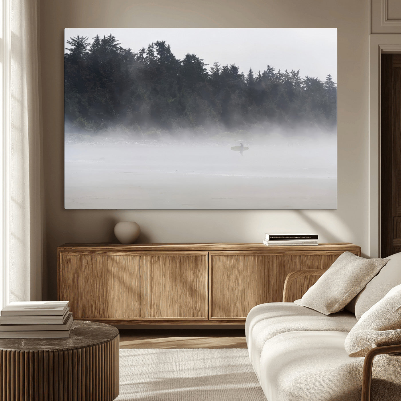 MGV-CV-36X24 - Surfer in Fog Wall Art Canvas Print, Framed Foggy Beach Art Picture Print, Coastal Surf Perfect Moody Coastal Decor Artwork