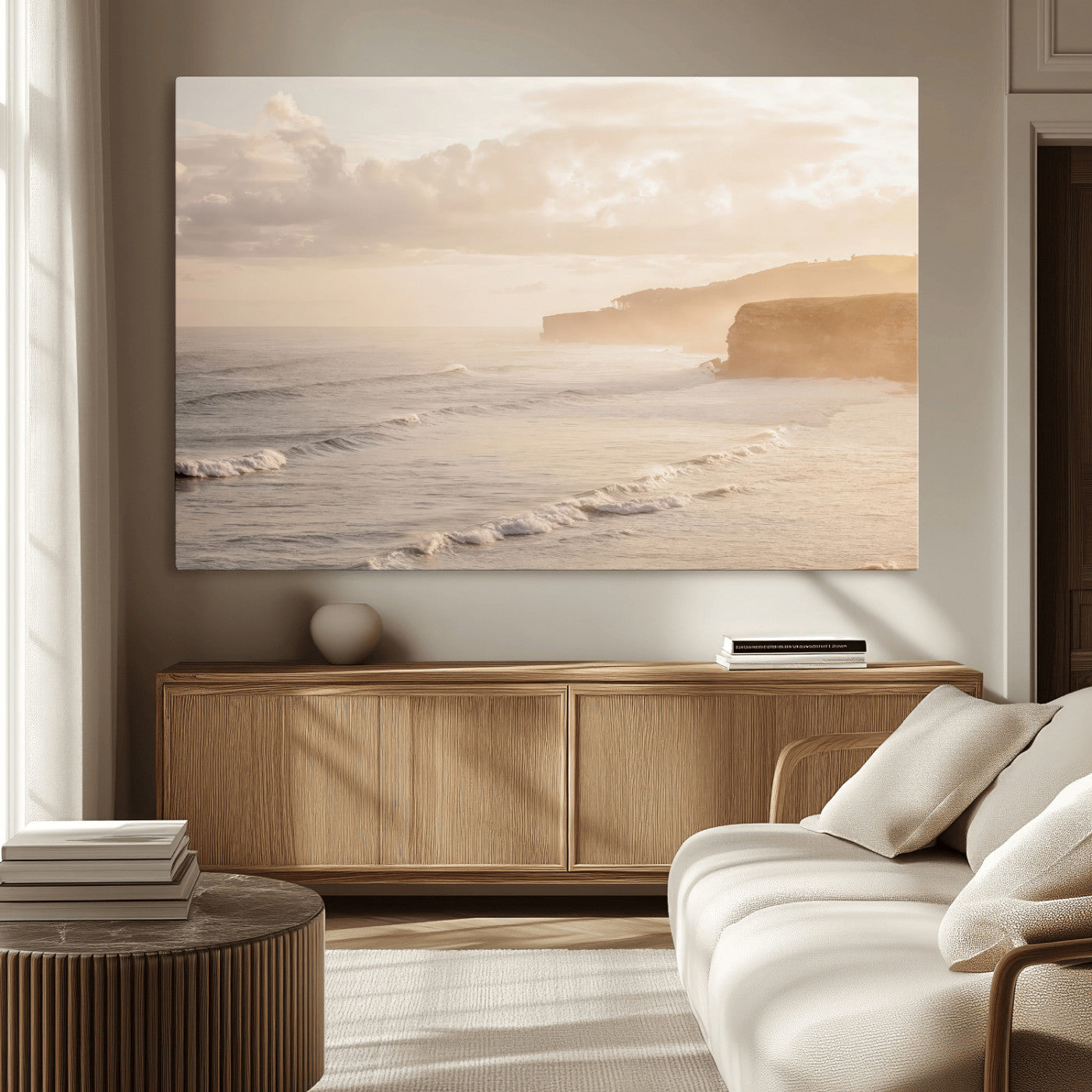 MGV-CV-36X24 - Misty Coastal Wall Art Canvas Print, Framed Golden Sunset Art Picture Print, Serene Shoreline Perfect Tranquil Coastal Decor Artwork