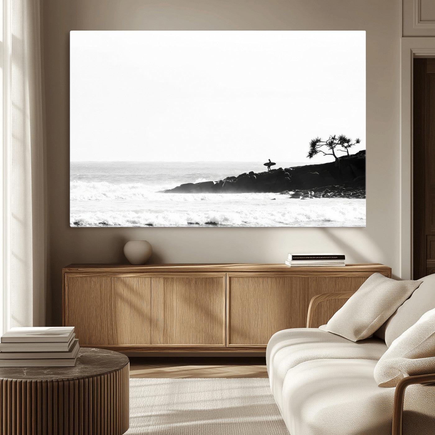 MGV-CV-36X24 - SurferCliffs Wall Art Canvas Print, Framed Black White Beach Art Picture Print, Ocean Waves Perfect Minimalist Coastal Decor Artwork