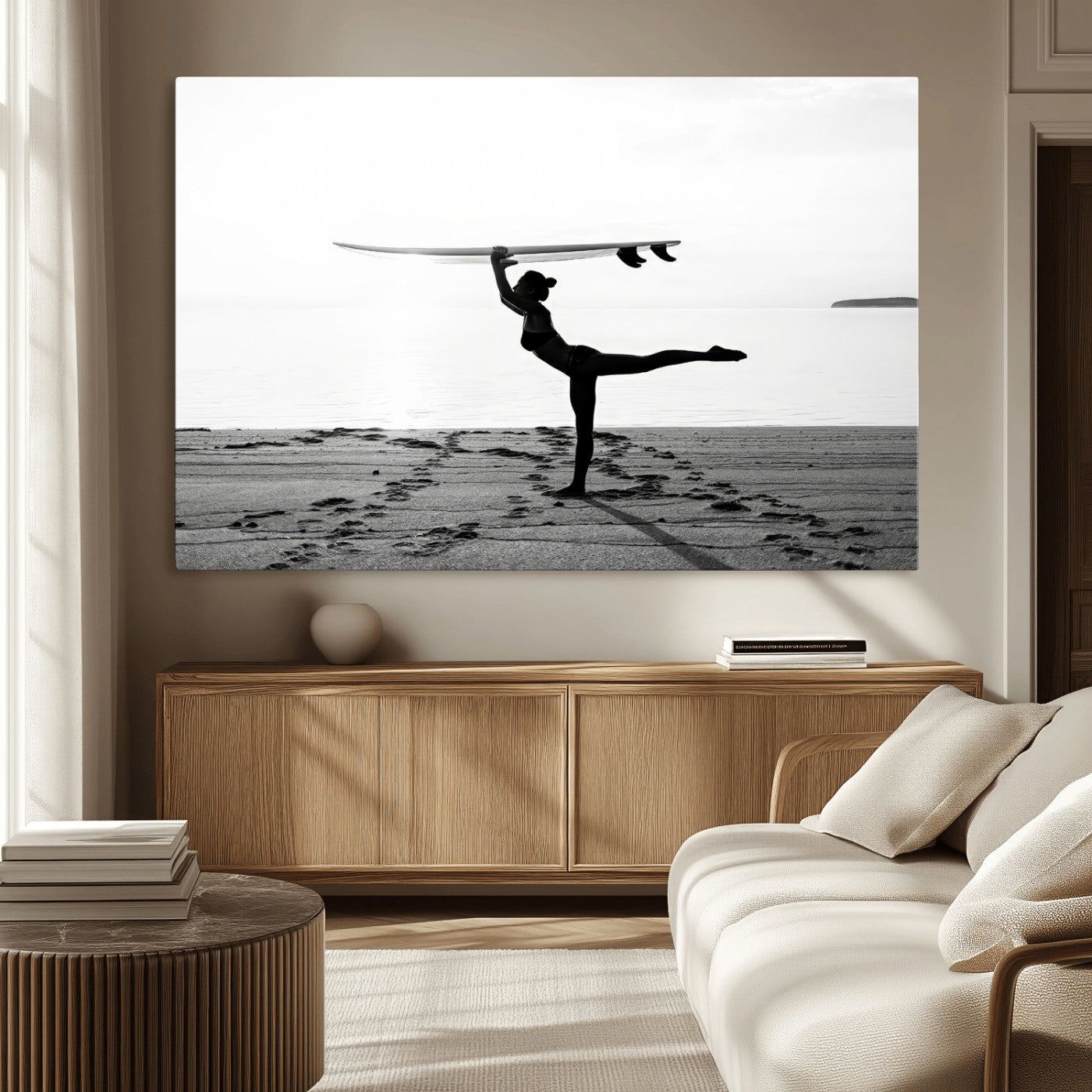 MGV-CV-36X24 - Yoga Surf Wall Art Canvas Print, Framed Black White Shore Art Picture Print, Peaceful Ocean Perfect Minimalist Coastal Decor Artwork