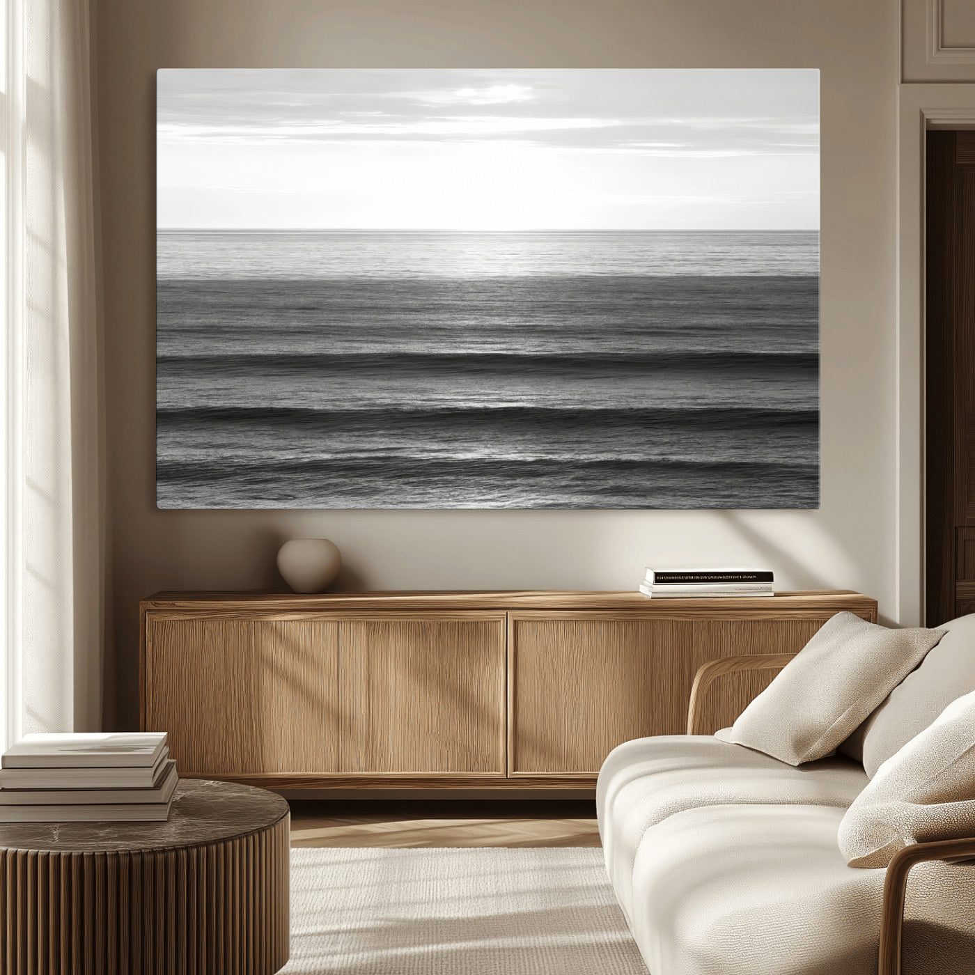 MGV-CV-36X24 - Monochrome Ocean Wall Art Canvas Print, Framed Moody Ocean Art Picture Print, Calm Ocean Perfect Minimalist Coastal Decor Artwork