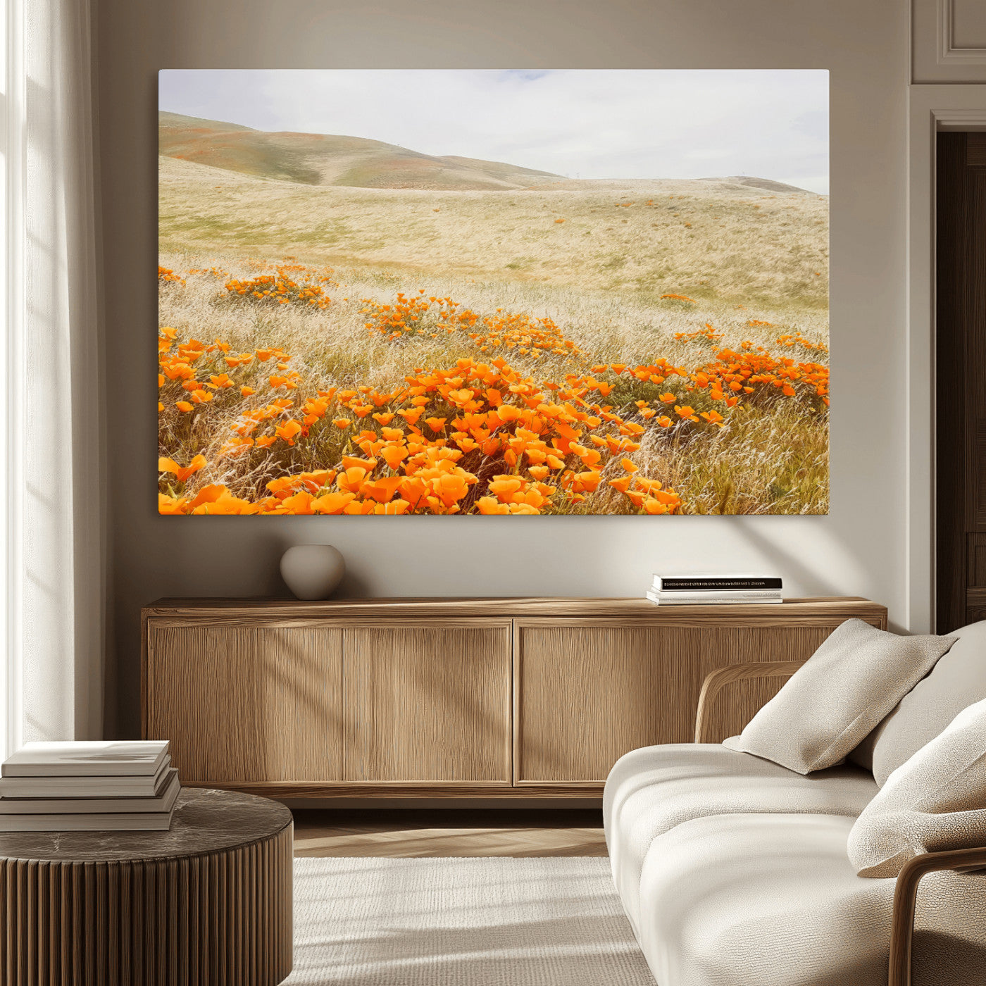 MGV-CV-36X24 - Golden Wildflowers Wall Art Canvas Print, Framed Hills Bloom Art Picture Print, Poppy Meadow Perfect Rustic Nature Decor Artwork