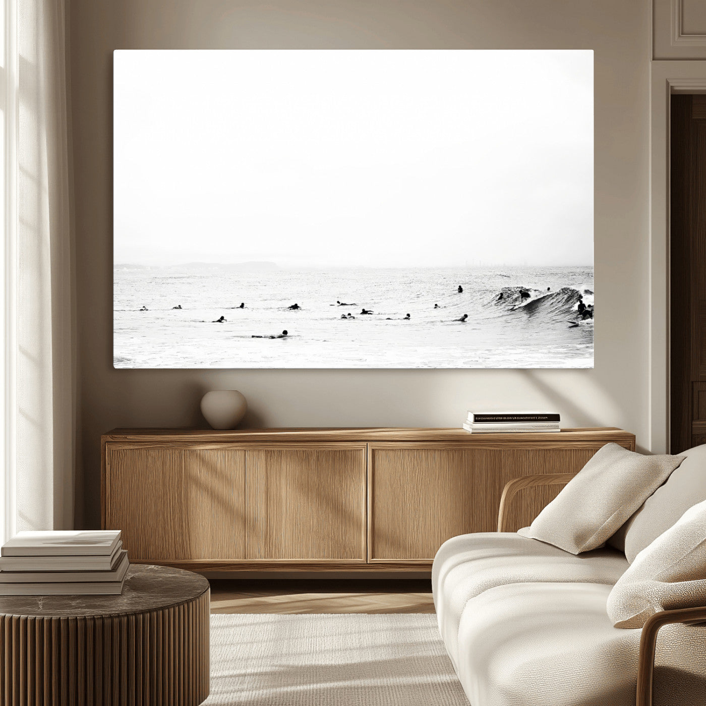 MGV-CV-36X24 - Monochrome Swimming Wall Art Canvas Print, Framed Ocean Horizon Art Picture Print, Moody Coastal Perfect Minimalist Coastal Decor Artwork