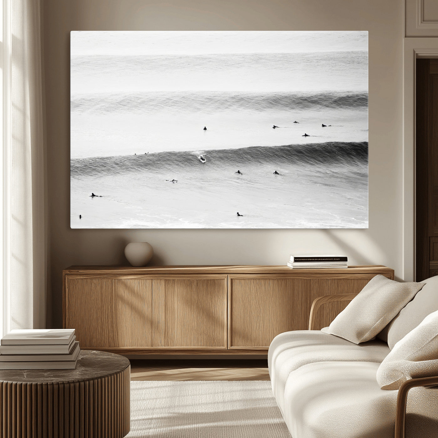 MGV-CV-36X24 - Black White Ocean Wall Art Canvas Print, Framed Coastal Sport Art Picture Print, Ocean Culture Perfect Minimalist Coastal Decor Artwork