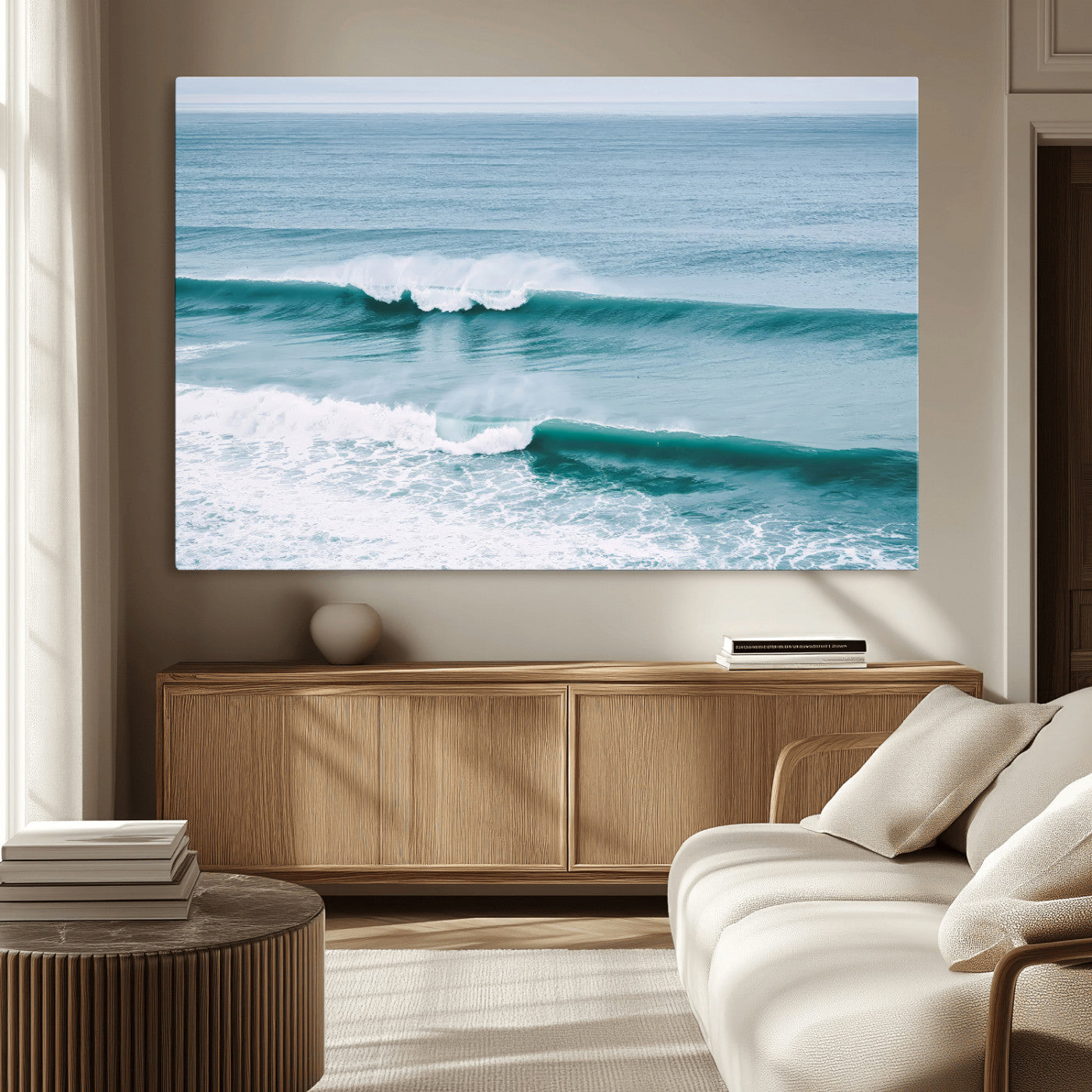 Powerful ocean waves rolling towards the shore, their turquoise hues blending with white sea foam under an open horizon, capturing the essence of the ocean's movement.