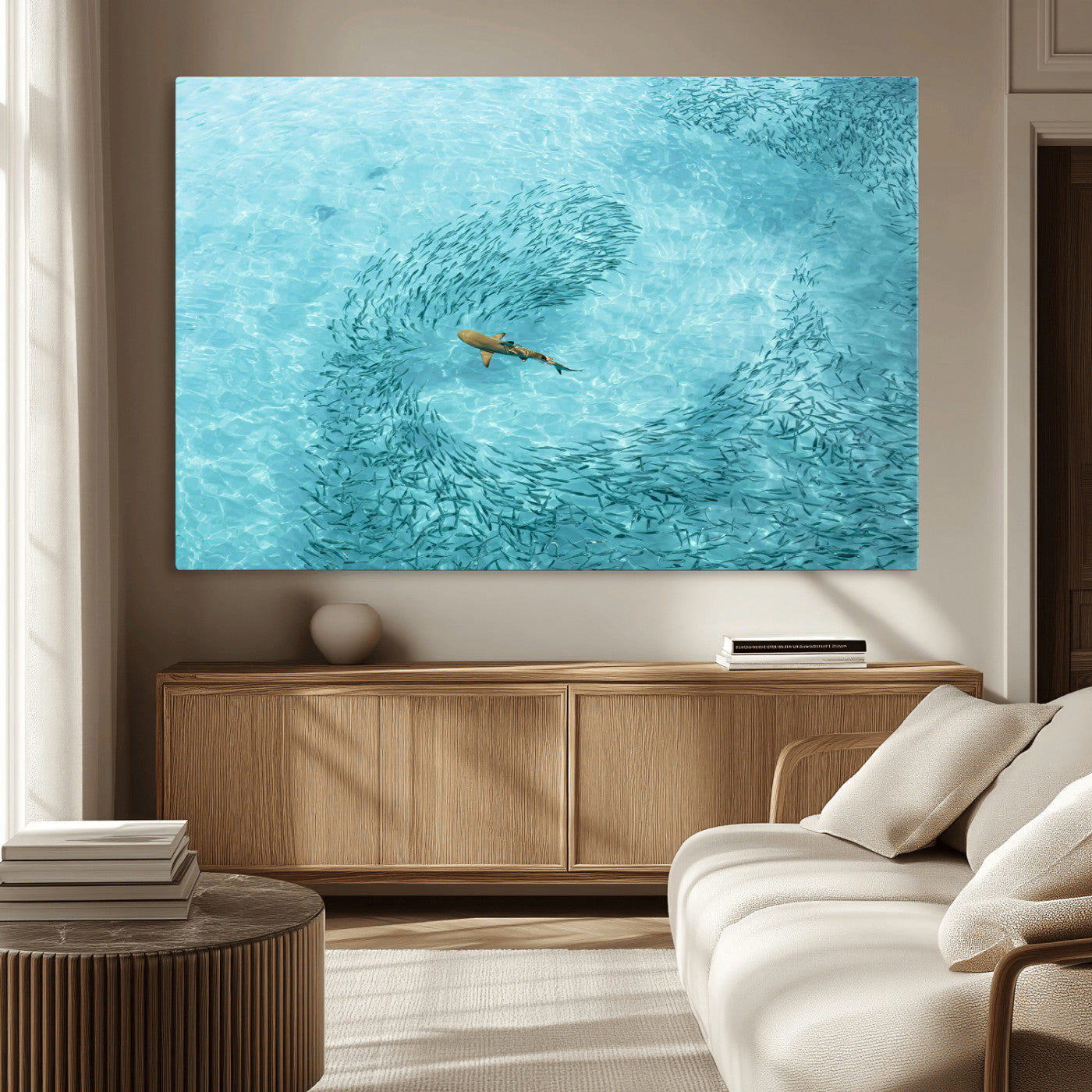 MGV-CV-36X24 - Fish Swarm Wall Art Canvas Print, Framed Marine Life Art Picture Print, Shark Aerial Perfect Wildlife Coastal Decor Artwork