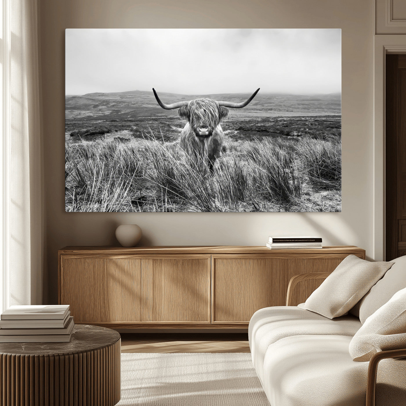 MGV-CV-36X24 - Monochrome Highland Cow Wall Art Canvas Print, Framed Scottish Bull Art Picture Print, Lone Cattle Perfect Rustic Farmhouse Decor Artwork