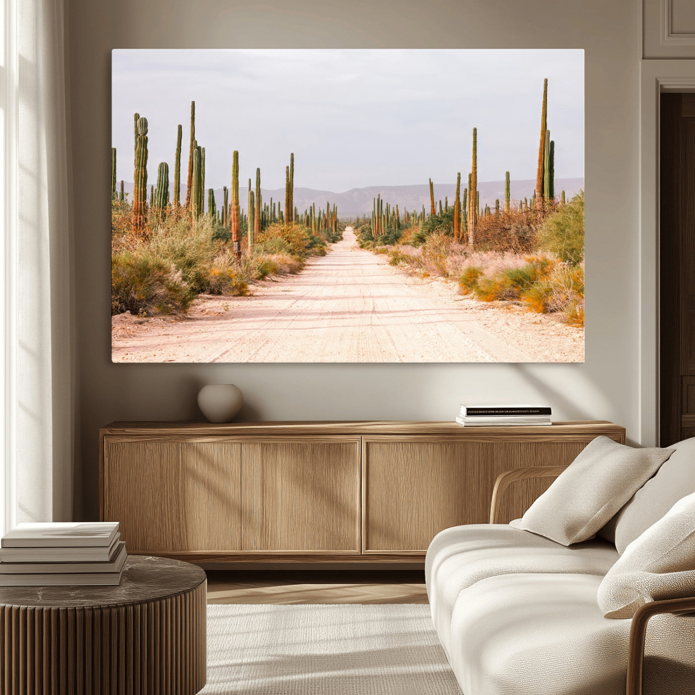 MGV-CV-36X24 - Desert Cactus Lined Road Wall Art Canvas Print, Framed Southwestern Landscape Art Picture Print, Bohemian Western Aesthetic Perfect Southwestern Boho Decor Artwork