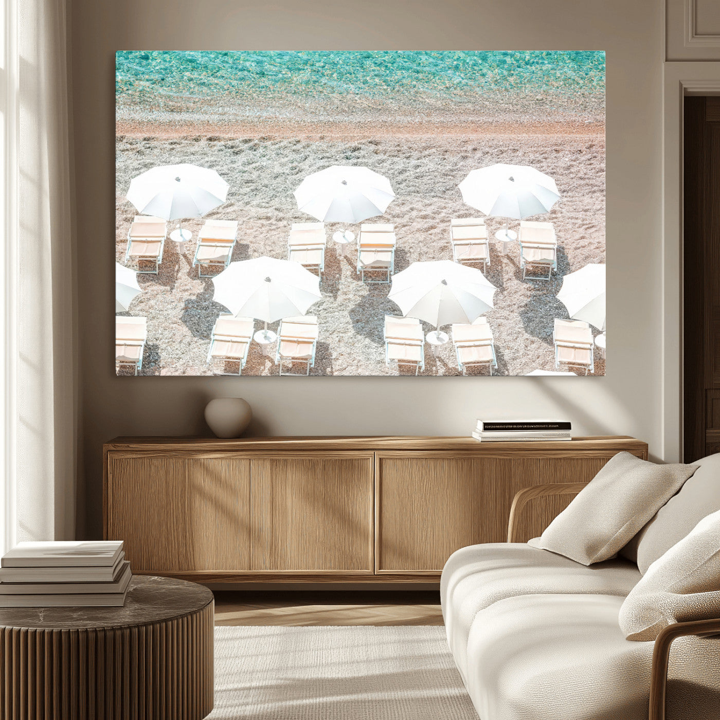 MGV-CV-36X24 - Calm Beach Wall Art Canvas Print, Framed Turquoise Water Art Picture Print, Umbrella Shoreline Perfect Coastal Minimalist Decor Artwork