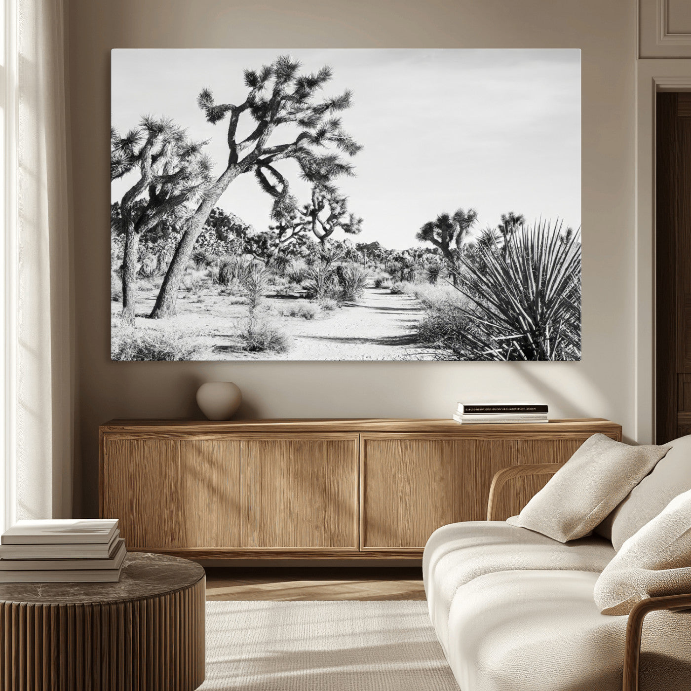 MGV-CV-36X24 - Joshua Tree Wall Art Canvas Print, Framed Desert Path Art Picture Print, Monochrome Desert Perfect Minimalist Desert Decor Artwork