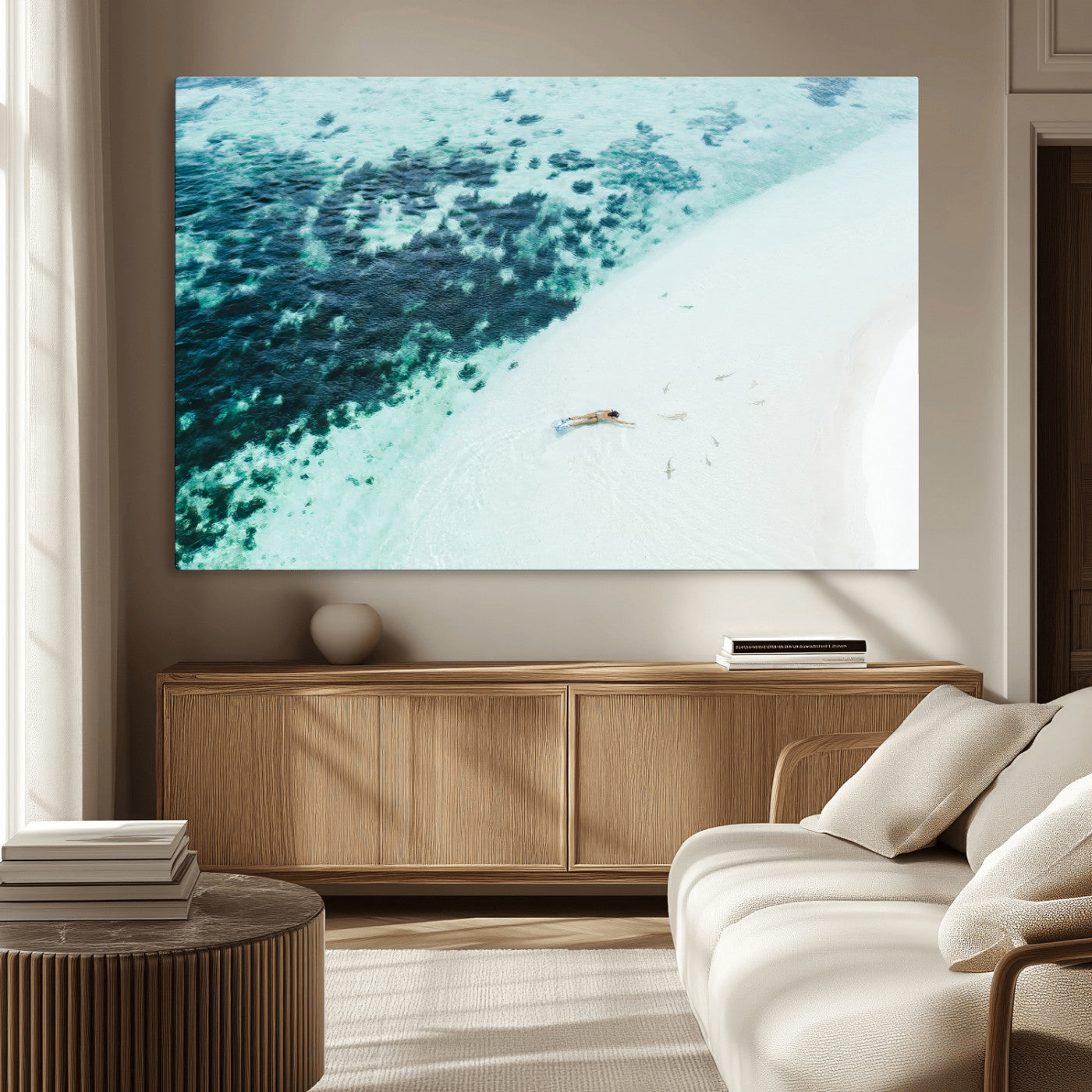 MGV-CV-36X24 - Minimal Beach Wall Art Canvas Print, Framed Ocean Swimming Art Picture Print, Clear Ocean Perfect Minimal Coastal Decor Artwork