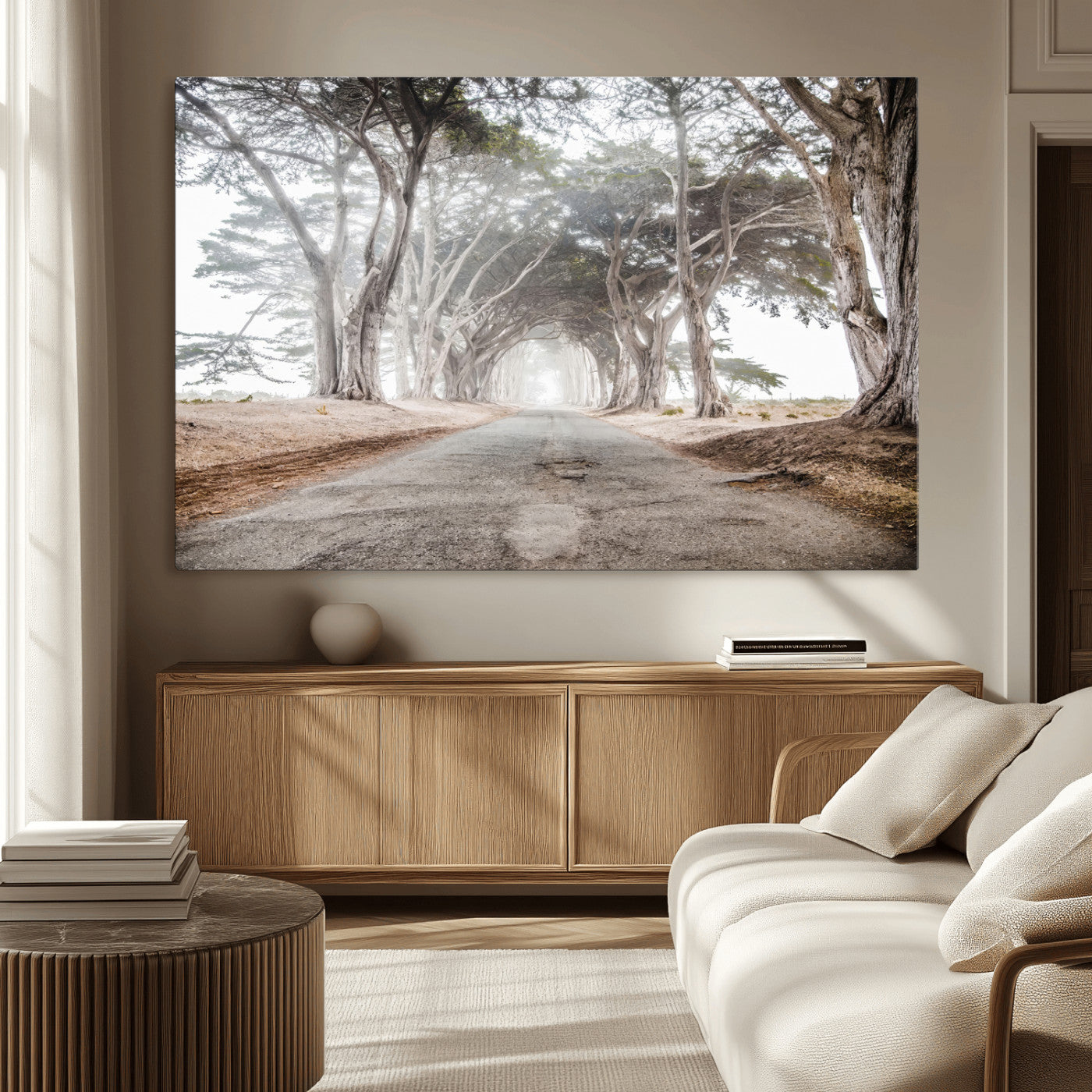 MGV-CV-36X24 - Cypress Tunnel Wall Art Canvas Print, Framed Misty Road Art Picture Print, Foggy Trees Perfect Rustic Woodland Decor Artwork