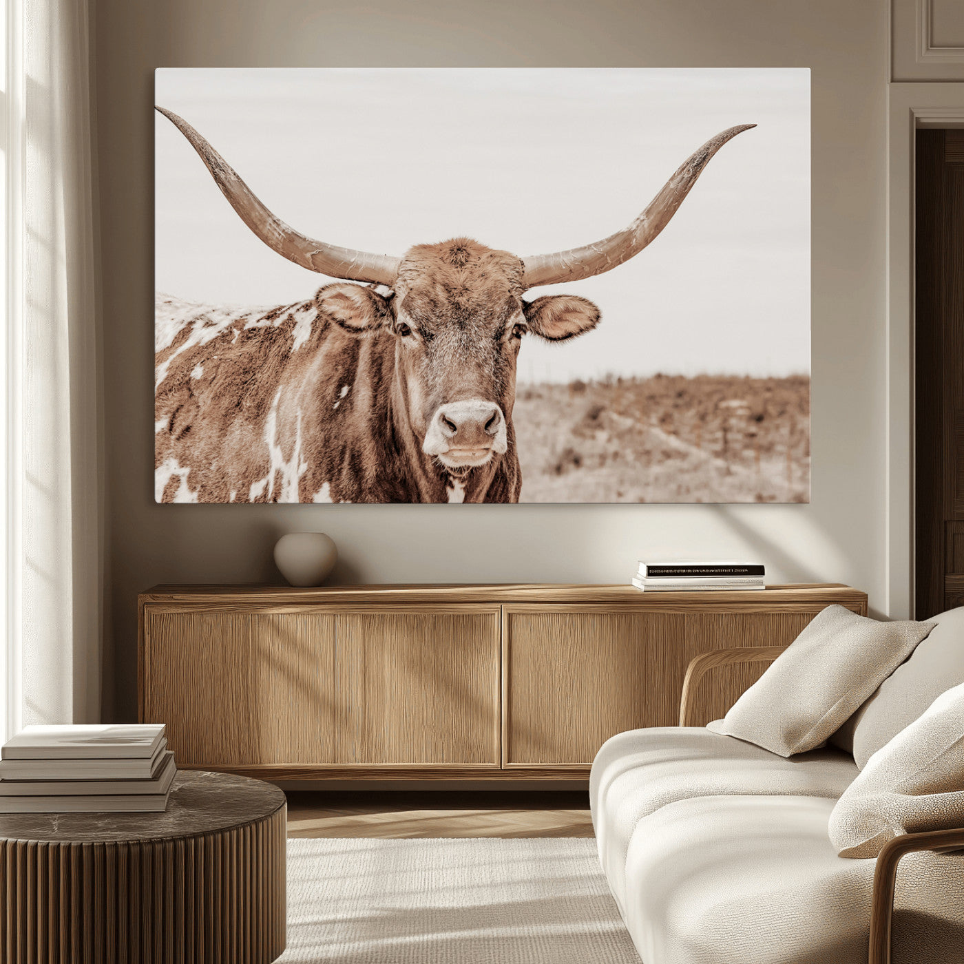MGV-CV-36X24 - Longhorn Cow Wall Art Canvas Print, Framed Texas Ranch Art Picture Print, Western Bull Perfect County Decor Artwork