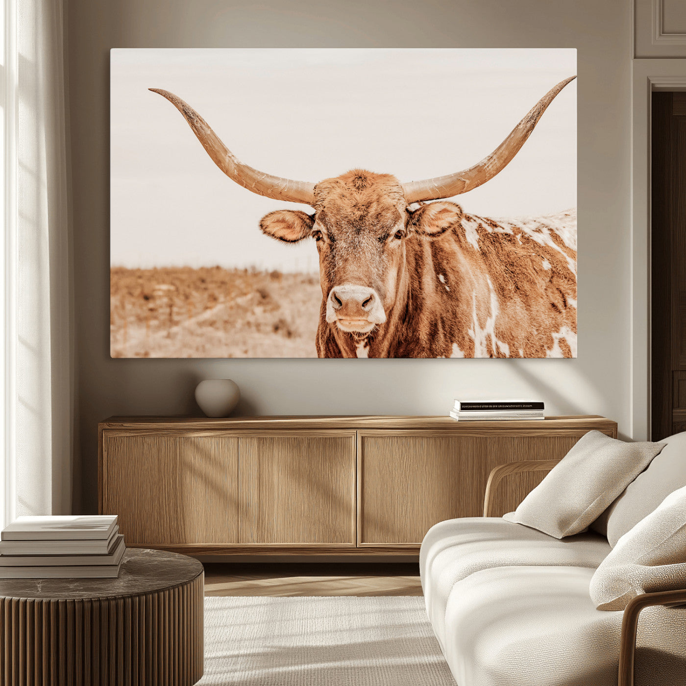 MGV-CV-36X24 - Longhorn Bull Wall Art Canvas Print, Framed Western Cow Art Picture Print, Rustic Farmhouse Perfect Neutral Farmhouse Decor Artwork