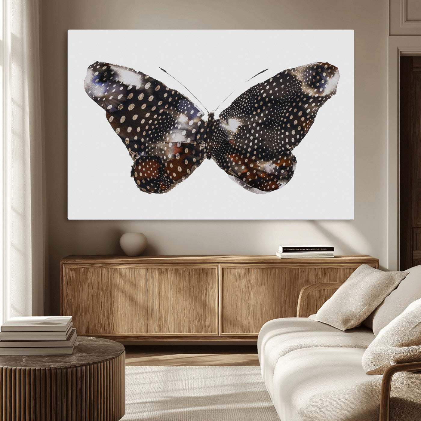 MGV-CV-36X24 - Spotted Butterfly Wall Art Canvas Print, Framed Neutral Insect Theme Art Picture Print, Earthy Wing Pattern Perfect Modern Rustic Decor Artwork