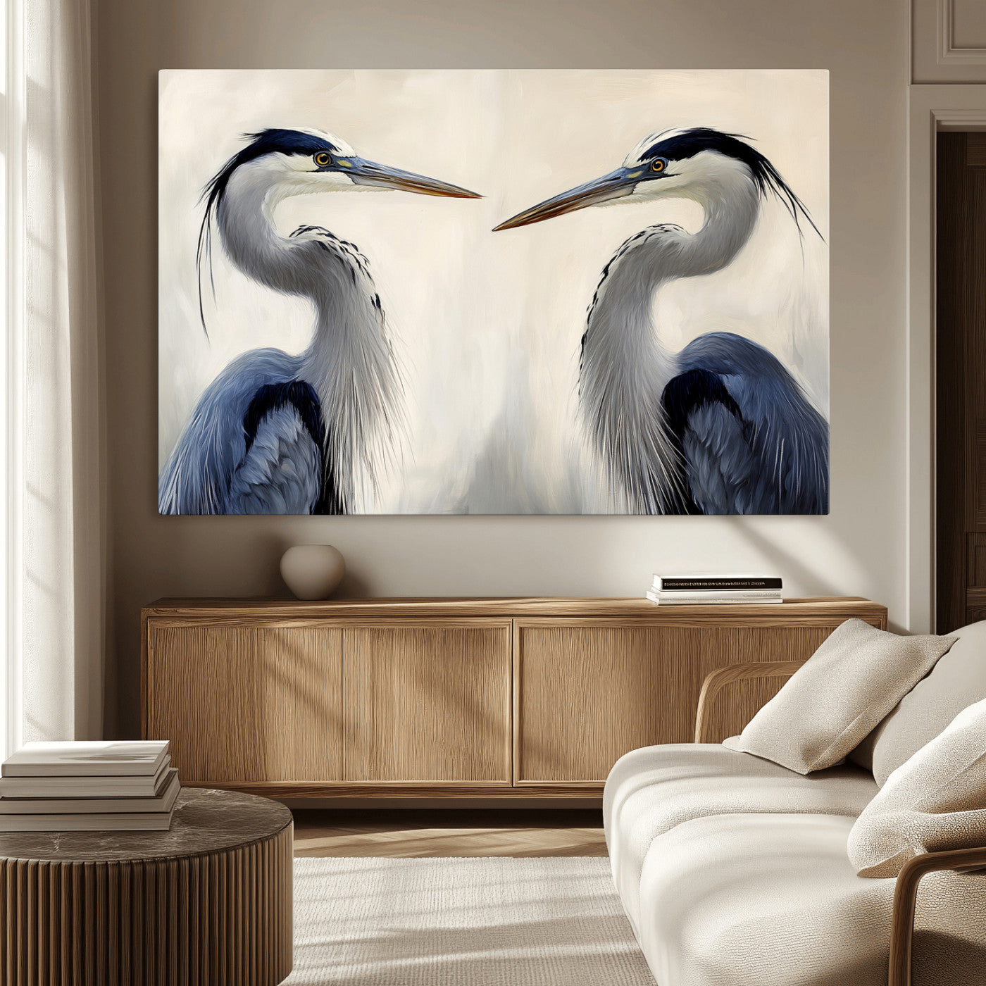 MGV-CV-36X24 - Blue Heron Pair Wall Art Canvas Print, Framed Coastal Bird Theme Art Picture Print, Tranquil Wildlife Scene Perfect Coastal Minimalist Decor Artwork