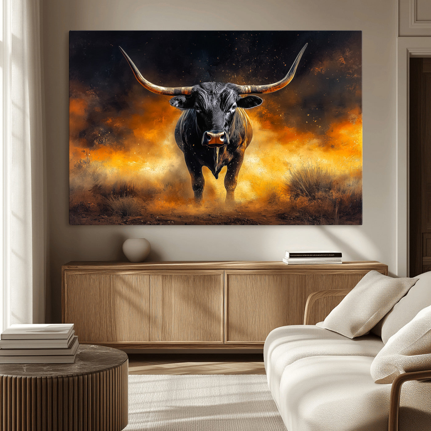MGV-CV-36X24 - Longhorn Canvas Wall Art Canvas Print, Framed Bold Bull Wall Art Art Picture Print, Western Animal Decor Perfect Western Dramatic Decor Artwork