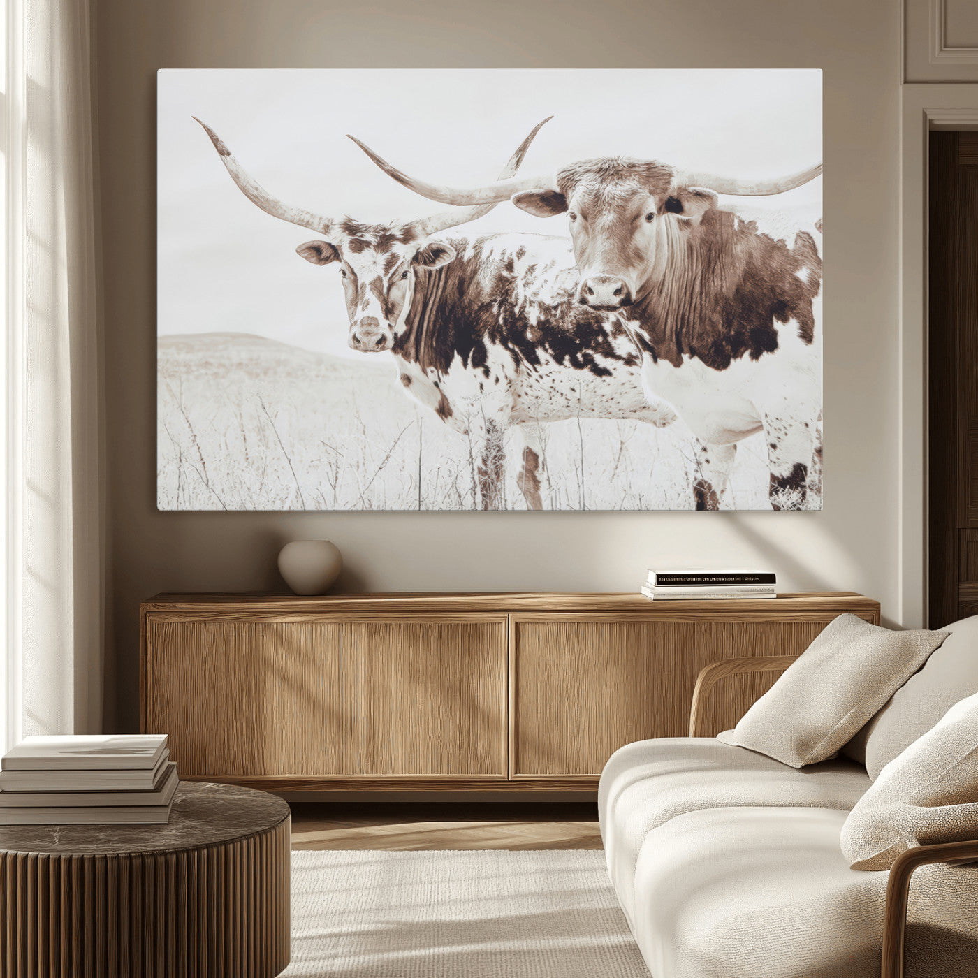 MGV-CV-36X24 - Longhorn Wall Art Wall Art Canvas Print, Framed Western Cow Canvas Art Picture Print, Rustic Farm Decor Perfect Rustic Farmhouse Decor Artwork