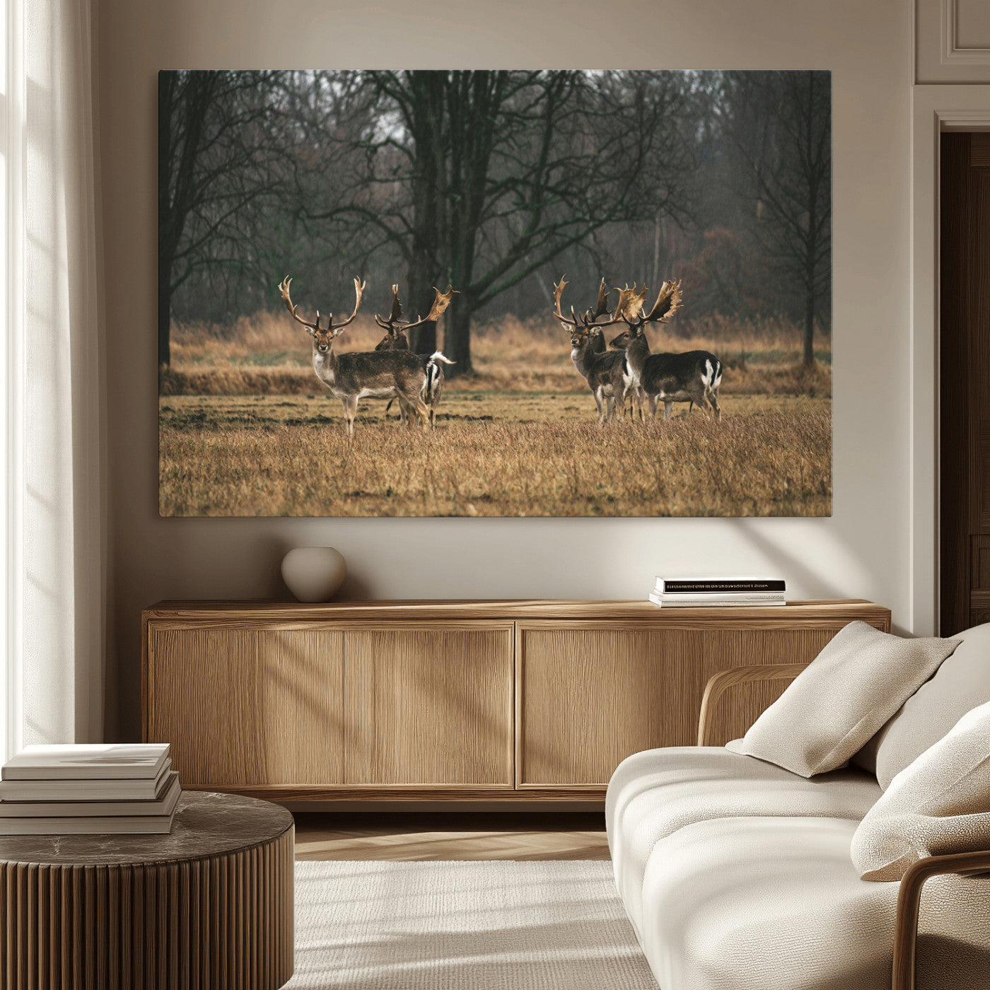 MGV-CV-36X24 - Deer Photography Wall Art Canvas Print, Framed Rustic Wildlife Art Picture Print, Stags In Forest Perfect Rustic Wilderness Decor Artwork