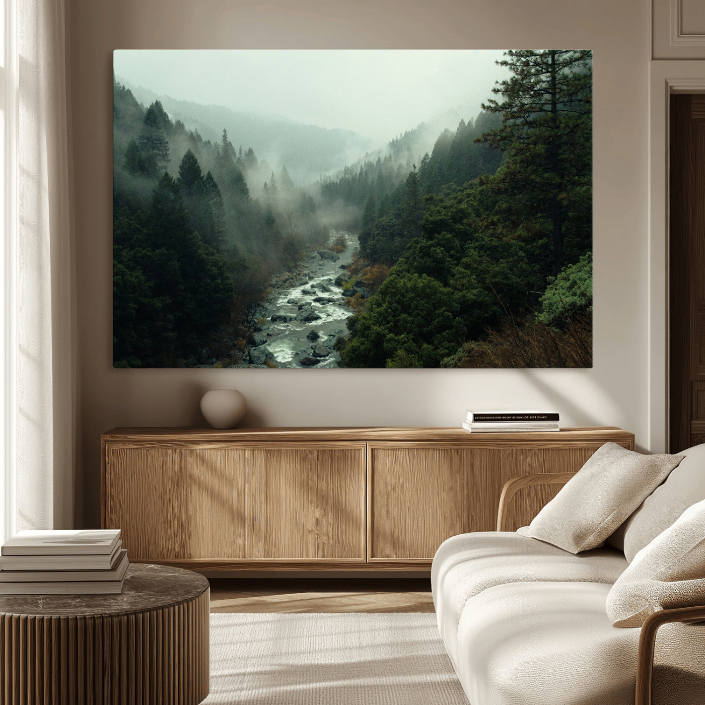 MGV-CV-36X24 - Misty Forest Wall Art Canvas Print, Framed Foggy River Art Picture Print, Moody Landscape Perfect Wilderness Decor Artwork