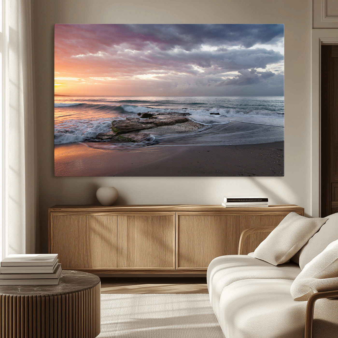 MGV-CV-36X24 - Golden Hour Wall Art Canvas Print, Framed Tranquil Waves Art Picture Print, Beach Perfect Coastal Serenity Decor Artwork