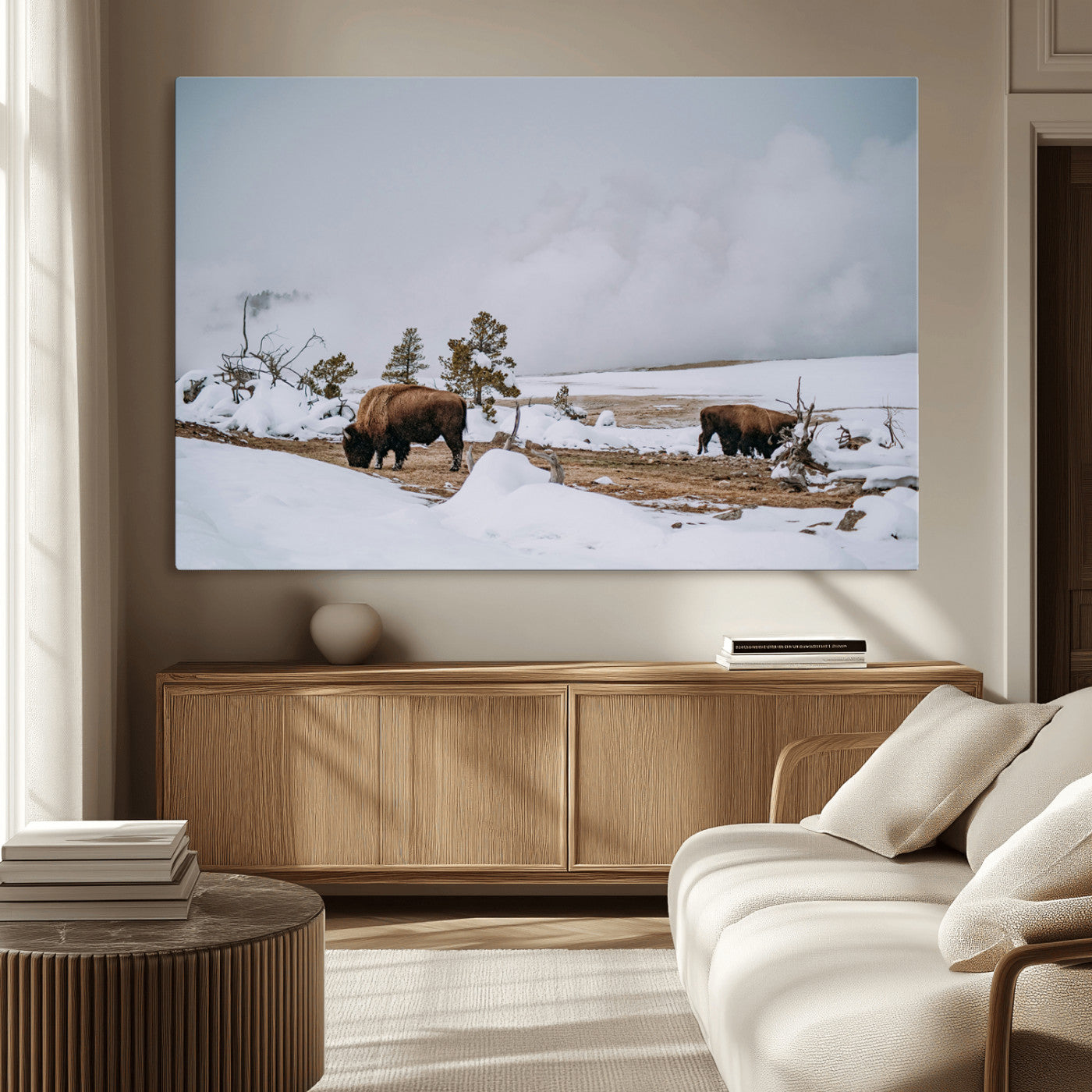 MGV-CV-36X24 - Bison Wildlife Wall Art Canvas Print, Framed Snowy Prairie Art Picture Print, Western Perfect Rustic Decor Artwork