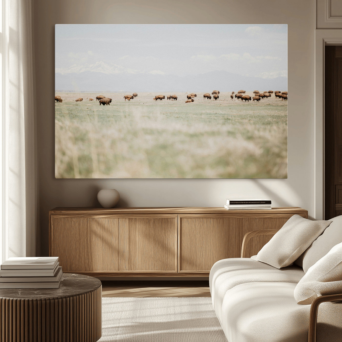 MGV-CV-36X24 - Bison Herd Wall Art Canvas Print, Framed Western Art Picture Print, Bison Perfect Ranch Decor Artwork