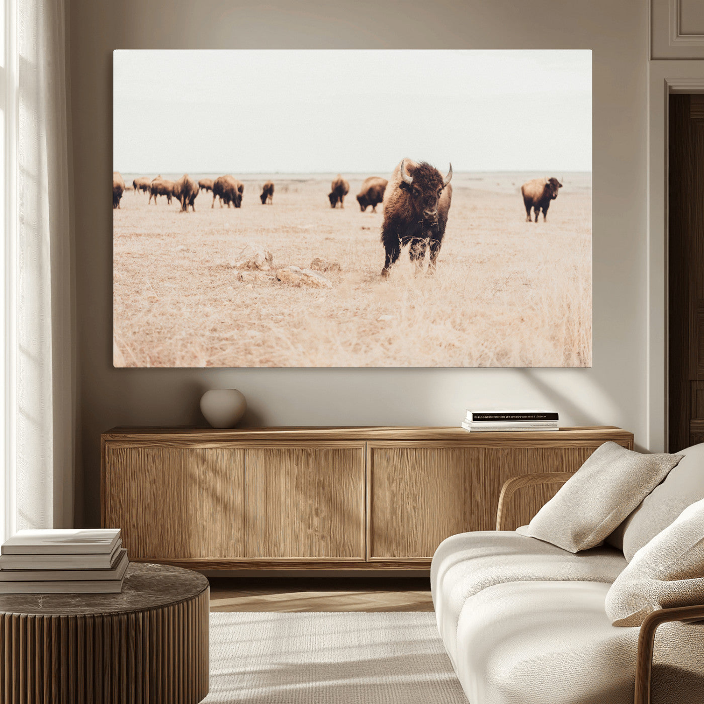 MGV-CV-36X24 - Bison Herd Wall Art Canvas Print, Framed Western Art Picture Print, Prairie Serenity Perfect Ranch Decor Artwork