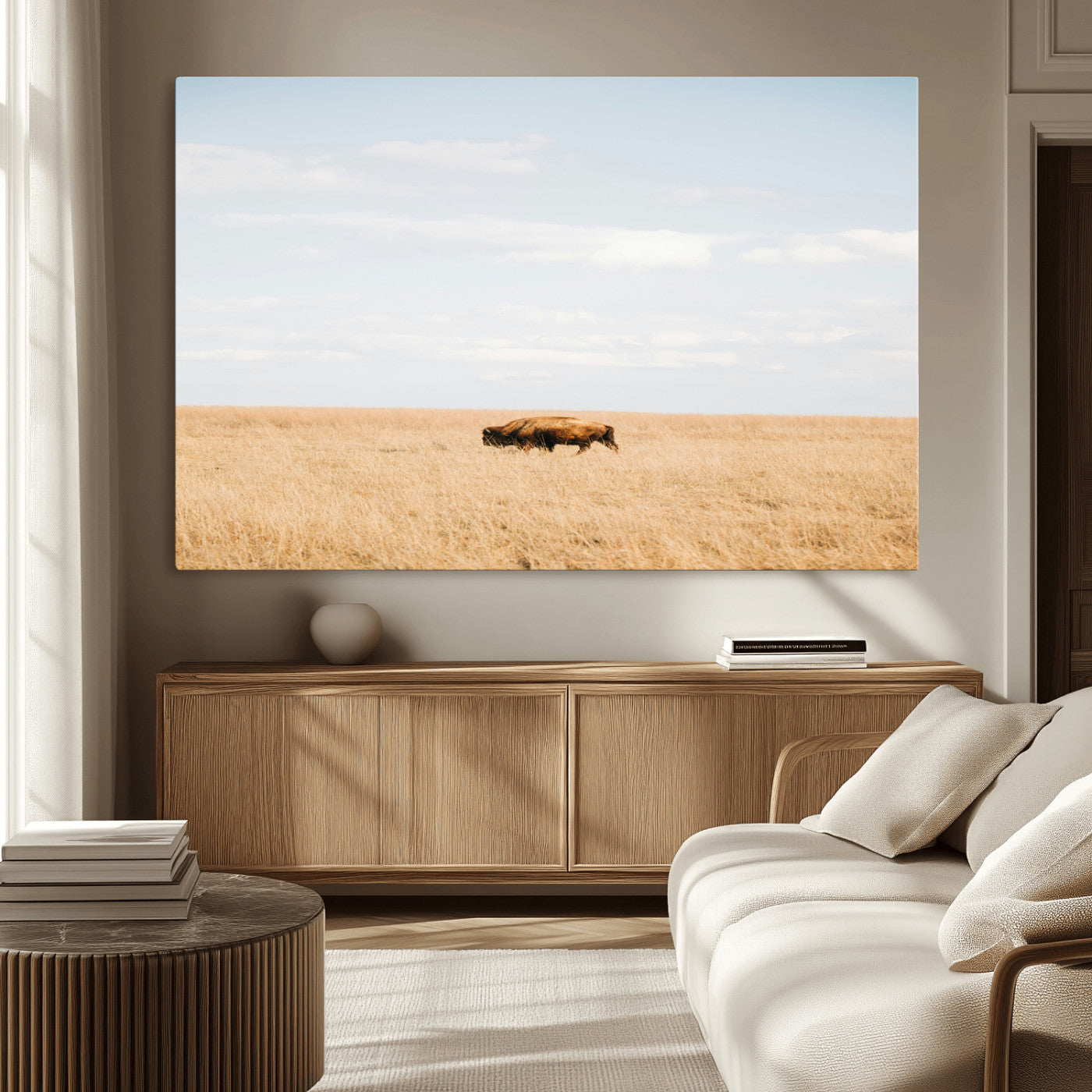 MGV-CV-36X24 - Minimalist Nature Wall Art Canvas Print, Framed Bison In Grassland Art Picture Print, Open Field Perfect Modern Ranch Decor Decor Artwork