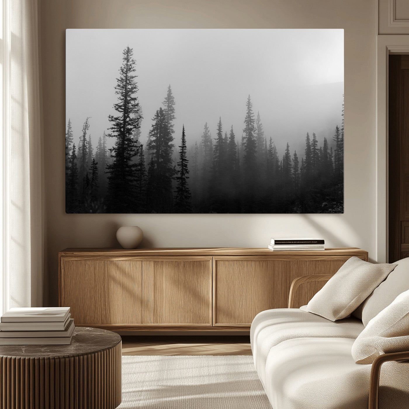 MGV-CV-36X24 - Misty Pines Wall Art Canvas Print, Framed Woodland Photography Art Picture Print, Minimalist Decor Perfect Rustic Decor Artwork