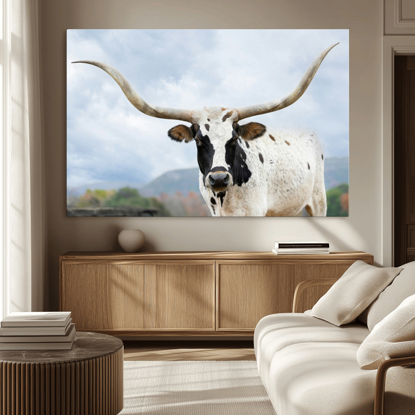 MGV-CV-36X24 - Texas Longhorn Wall Art Canvas Print, Framed Western Rustic Art Picture Print, Farmhouse Decor Perfect Farmhouse Decor Artwork