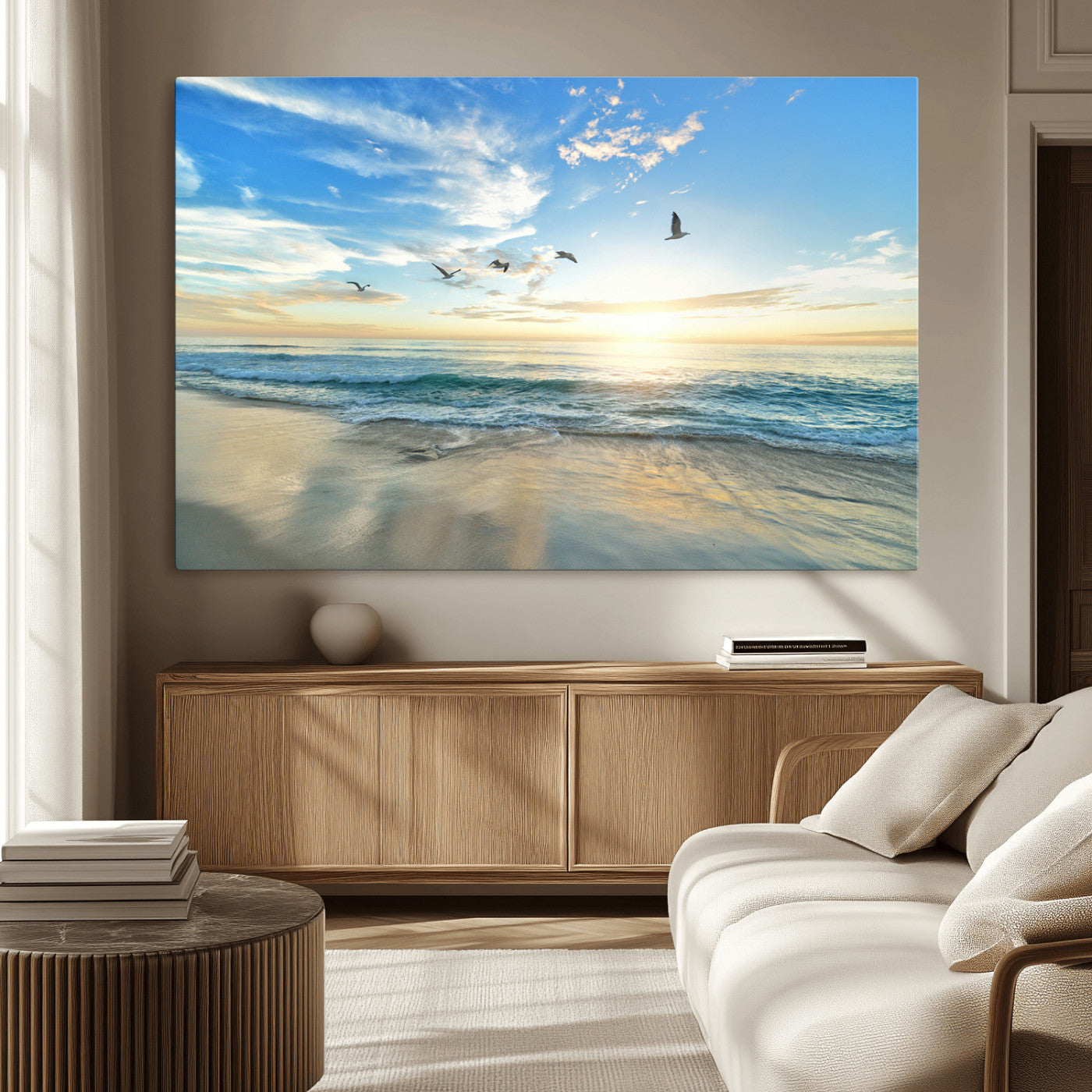 MGV-CV-36X24 - Minimalist Seaside Wall Art Canvas Print, Framed Morning Glow Art Picture Print, Golden Reflections Perfect Coastal Minimalist Decor Artwork