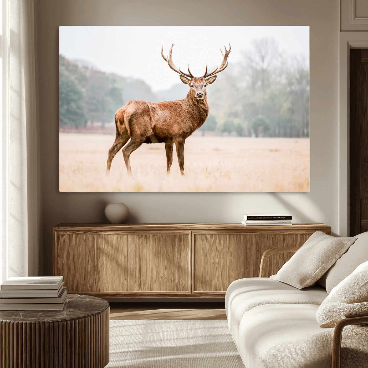 MGV-CV-36X24 - Vintage Wildlife Art Wall Art Canvas Print, Framed Misty Landscape Art Picture Print, Deer Wall Art Perfect Rustic Wildlife Decor Artwork