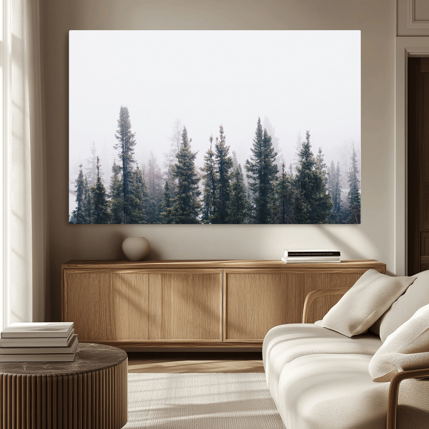 MGV-CV-36X24 - Foggy Forest Wall Art Canvas Print, Framed Misty Pines Art Picture Print, Moody Woodland Perfect Scandinavian Minimalist Decor Artwork