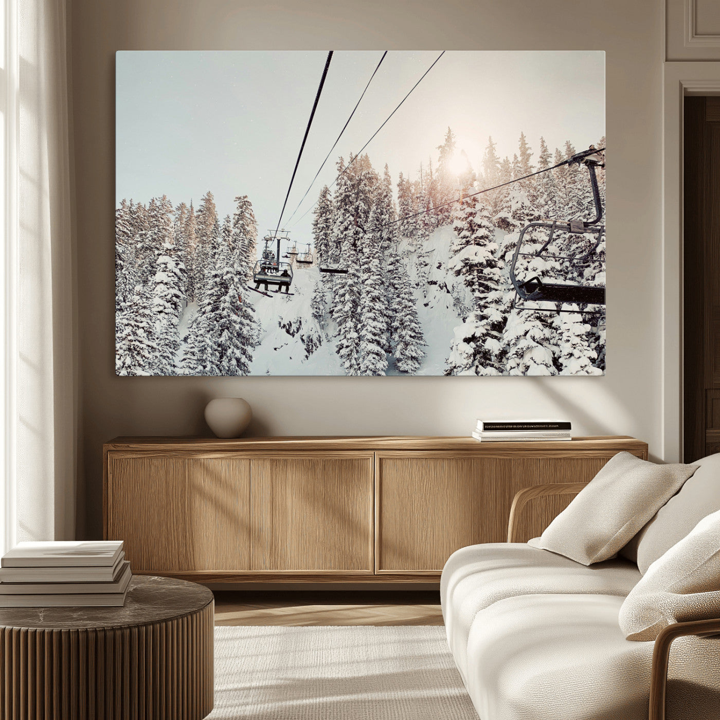 MGV-CV-36X24 - Frosty Pines Wall Art Canvas Print, Framed Cozy Cabin View Art Picture Print, Ski Lift Ride Perfect Rustic Lodge Decor Artwork
