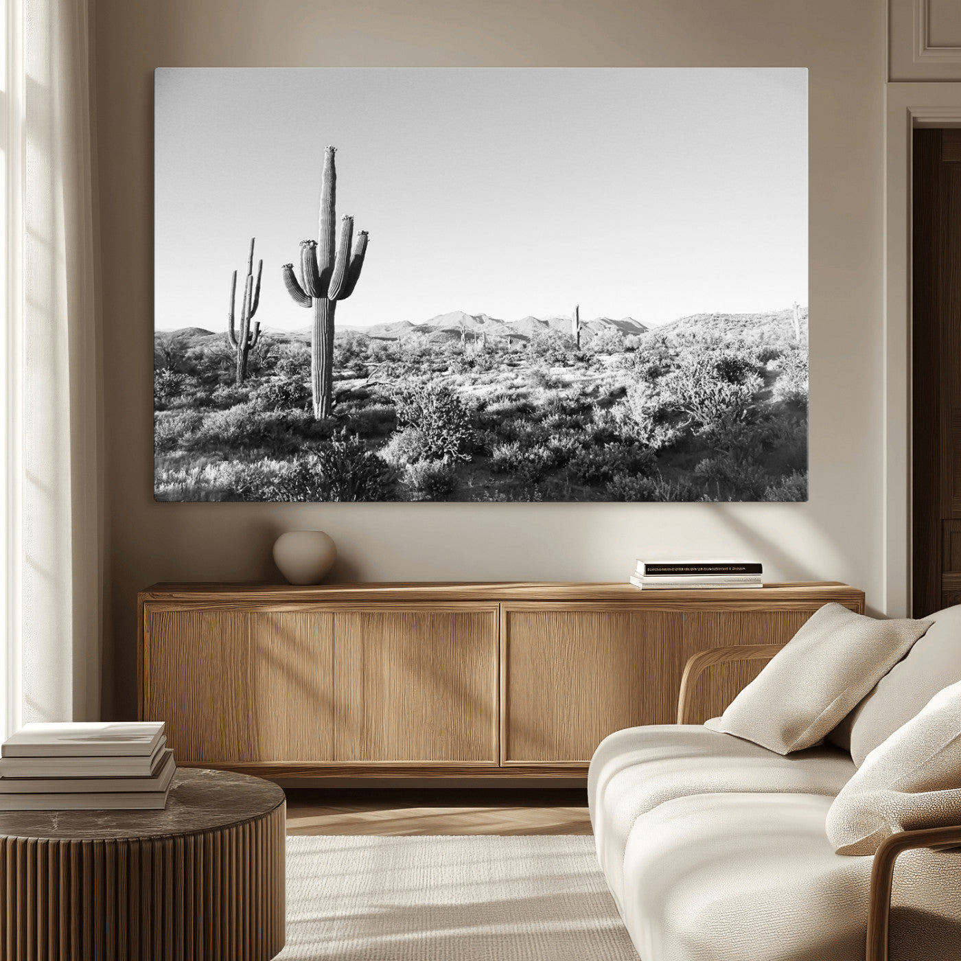 MGV-CV-36X24 - Saguaro Cactus Wall Art Canvas Print, Framed Monochrome Landscape Art Picture Print, Scenic Arizona View Perfect Minimalist Western Decor Artwork