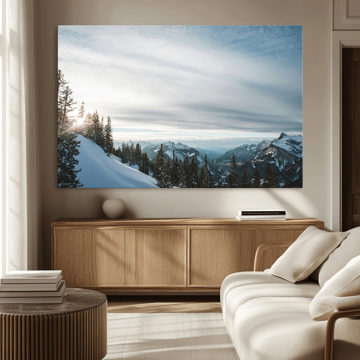 MGV-CV-36X24 - Snowy Mountains Wall Art Canvas Print, Framed Alpine Landscape Art Picture Print, Frosty Peaks Perfect Nordic Minimalist Decor Artwork