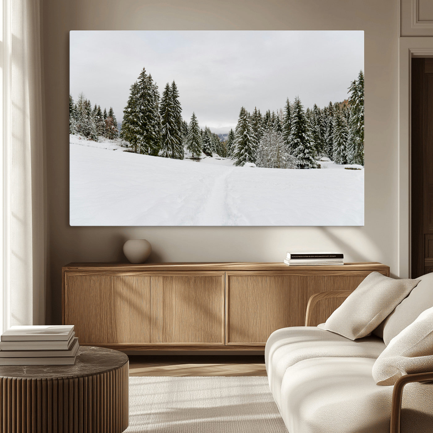 MGV-CV-36X24 - Frosty Pines Wall Art Canvas Print, Framed Silent Snowfall Art Picture Print, Cozy Cabin Vibes Perfect Nordic Minimalist Decor Artwork